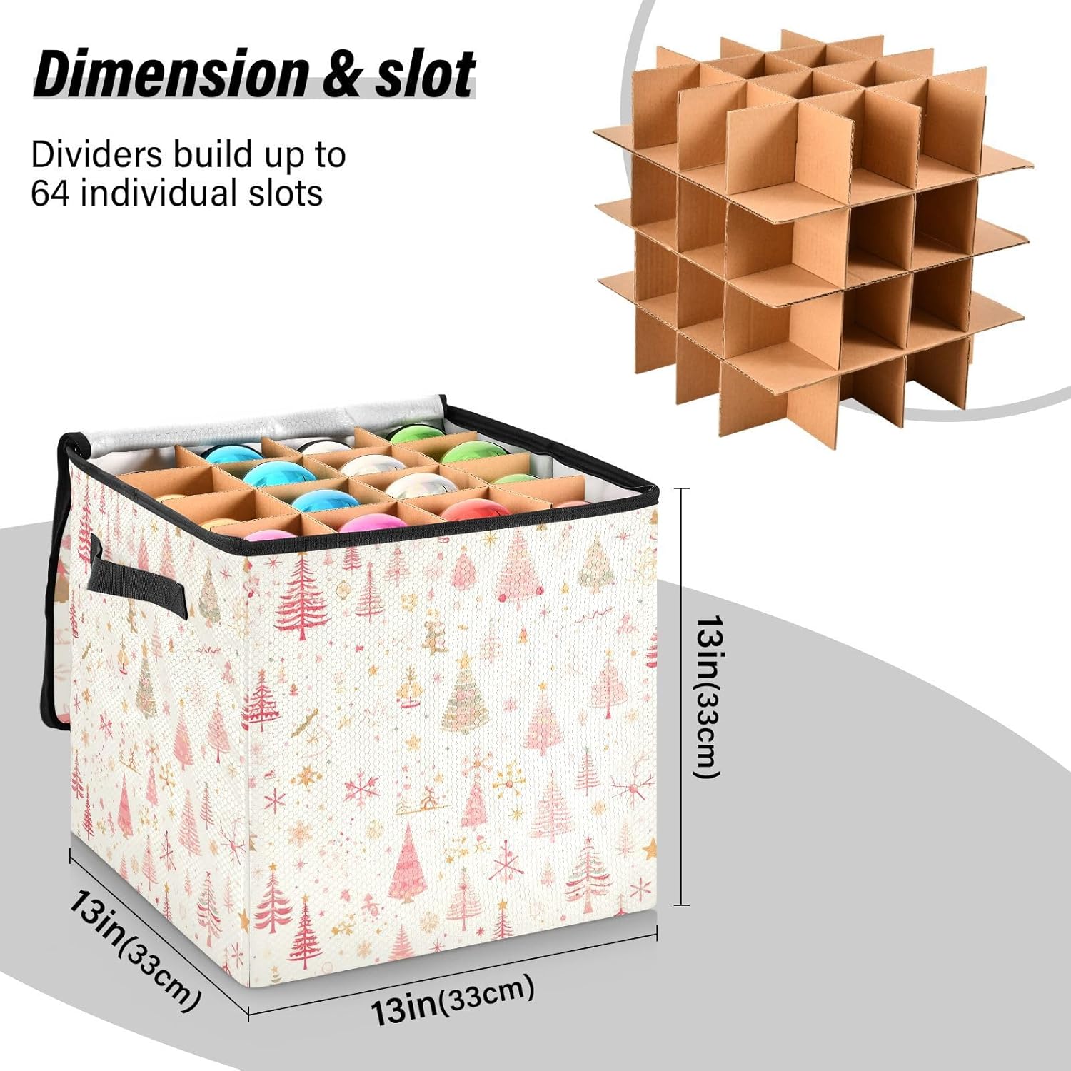 High Capacity Christmas Ornament Storage Box Holds Up to 64, Adjustable Dividers sturdy Holiday Storage Case with Lid,Pink Merry Christmas Tree