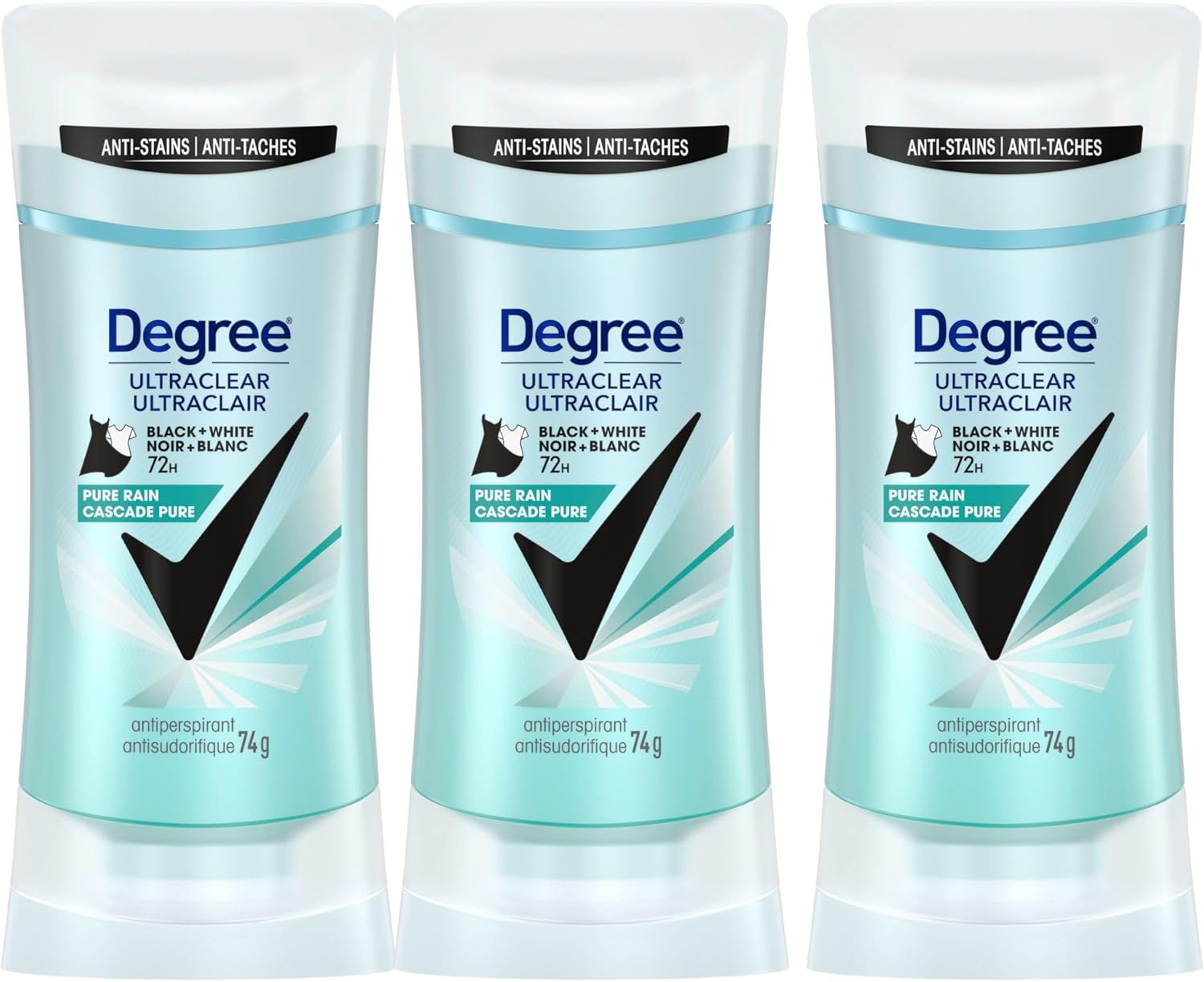 Degree Antiperspirant Deodorant Anti-White Marks & Yellow Stains Black+White, Pure Rain, 72-hour Sweat and Odour Protection, 74g