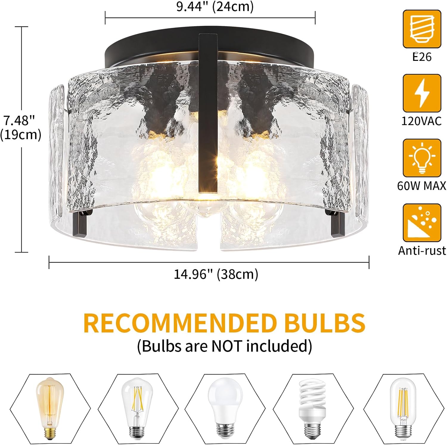 15'' Modern Black Semi Flush Mount Ceiling Light, Hallway Light Fixtures, 3-Light Glass Ceiling Lights for Entryway Kitchen Island Dining Room Foyer Bedroom Laundry Room Bathroom Lighting Fixtures