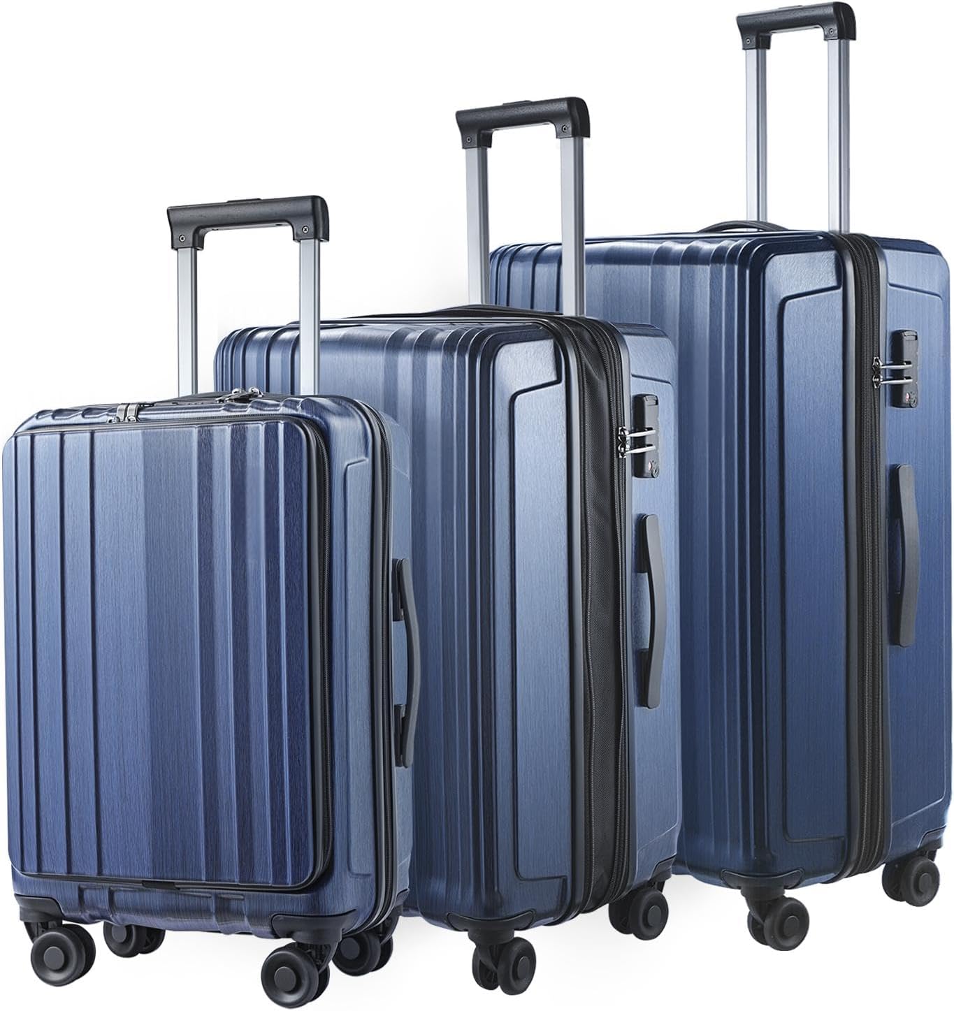 Luggage Set 3 Piece 20/24/28, 20″ carry on with Front Pocket & 24/28″ with Expandable, ABS+PC Suitcase with 4 Silent Wheels, Dark Blue