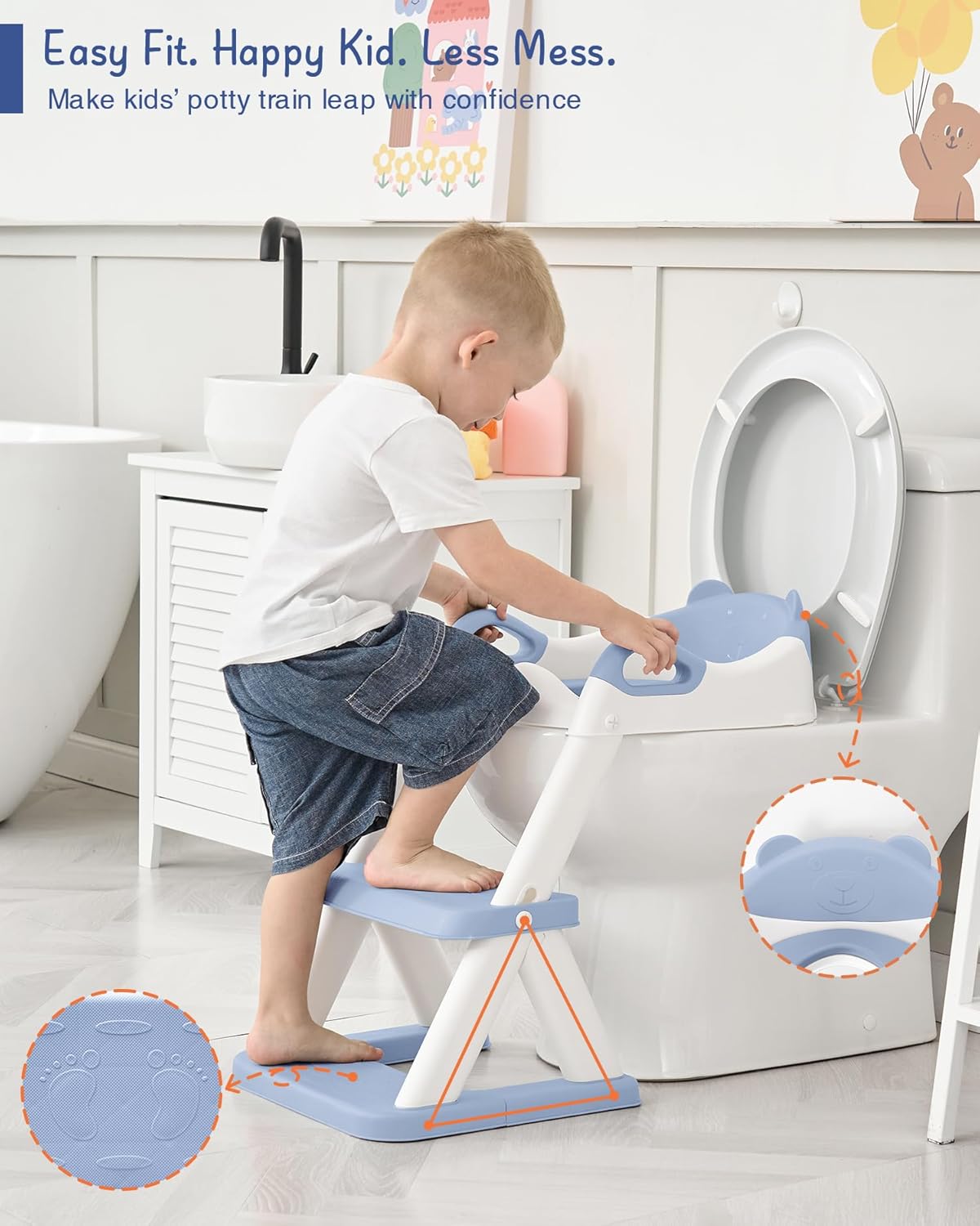 Forbena Boys Potty Training Seat with Step Stool Ladder, Toilet Potty Seat for Baby Boy Toddlers, Kids Chair Stairs with Handles and Soft Cushion (White and Blue) - Image 3