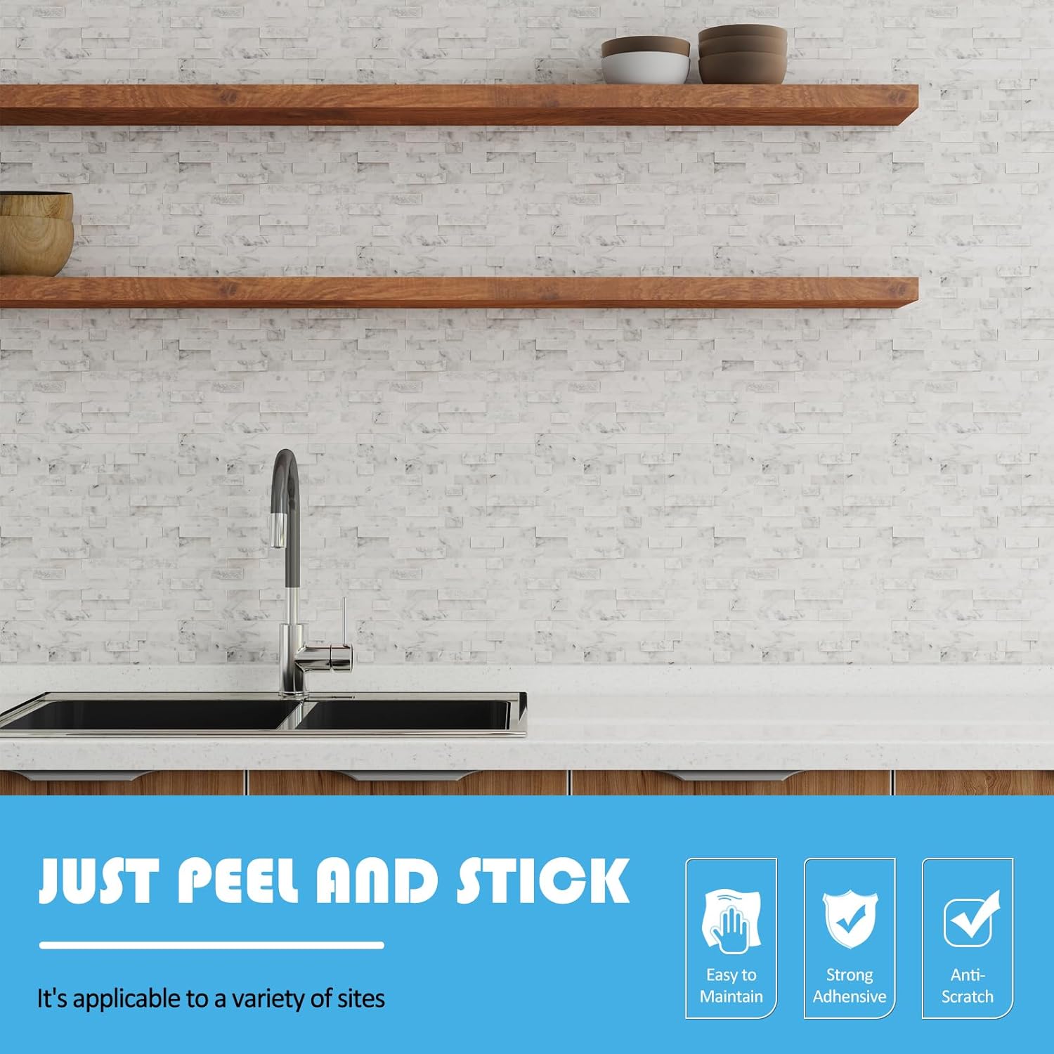 Peel and Stick Stone Backsplash, 5-Sheet Peel and Stick Stone Tiles 3D Marble Look Mosaic Tile for Kitchen Fireplace