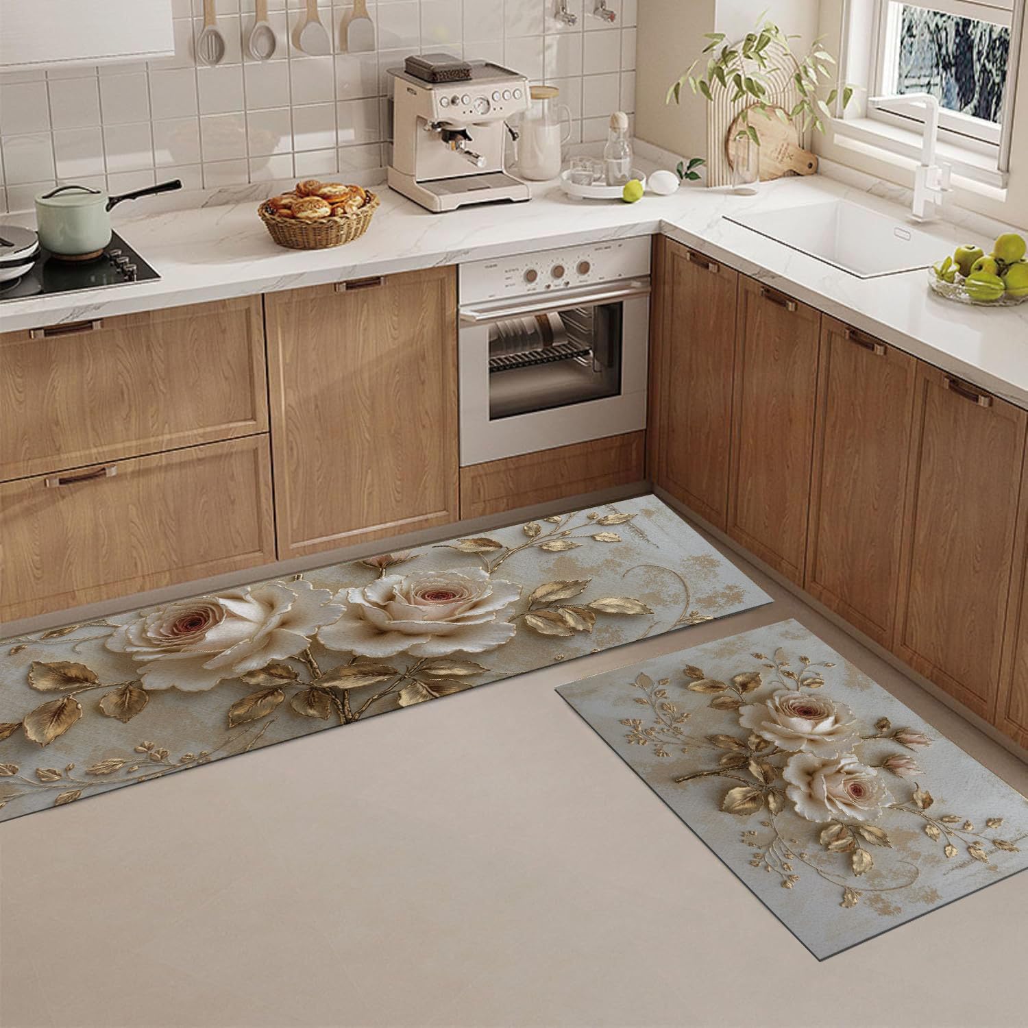 Tapete de cocina lavable con base antideslizante y soporte antifatiga en beige dorado