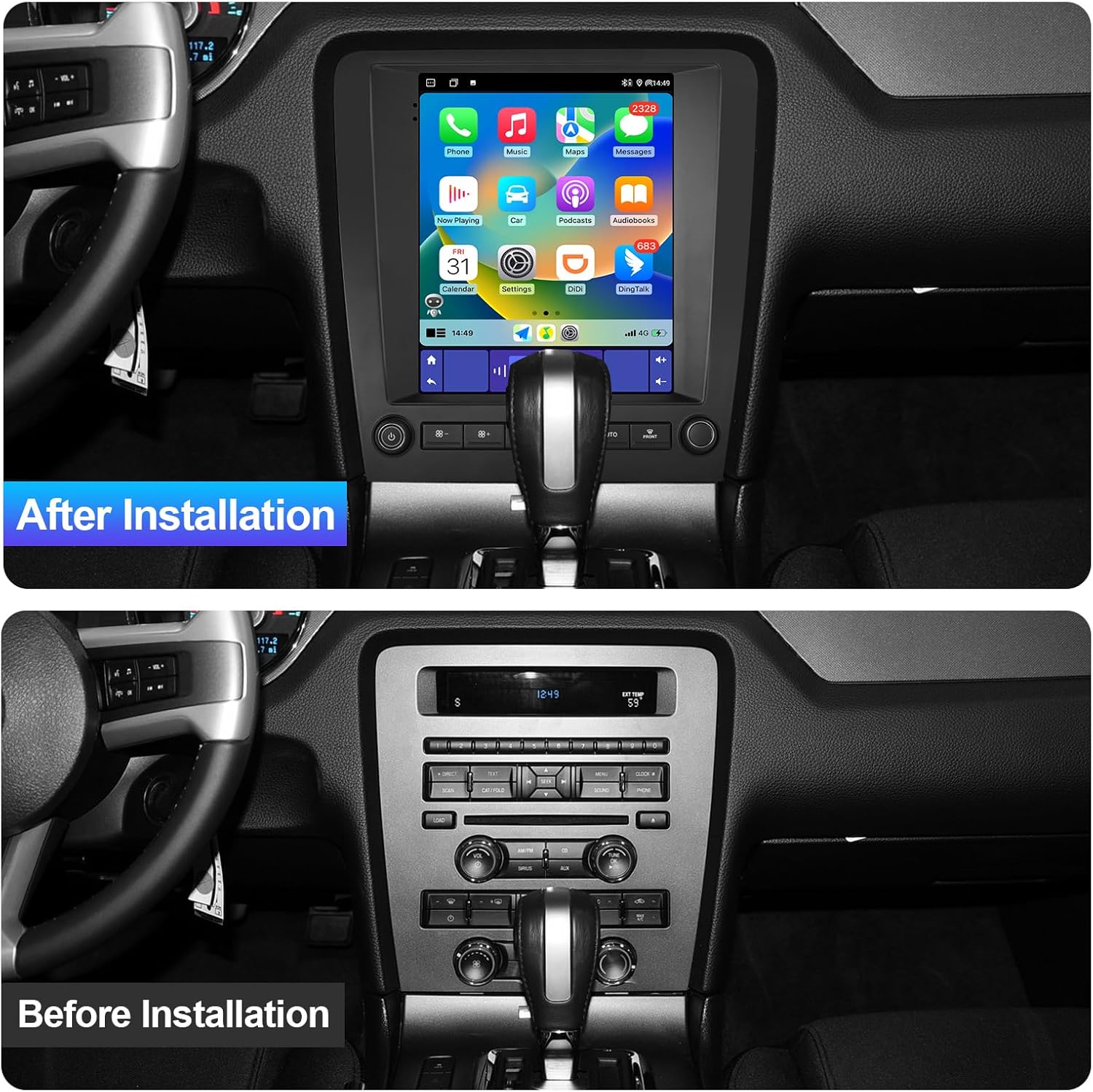 Before and After Installation of FeirTon Car Stereo in Ford Mustang
