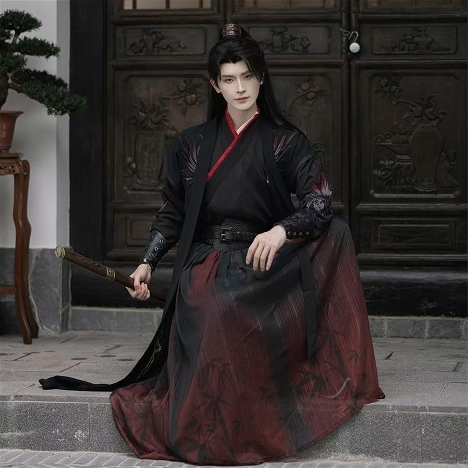 Schwarz-rotes Hanfu-Kleid for Herren, traditionelle Stickerei, Kreuzkragen, Kostüm, Vintage, Nachtschwertkämpfer, Cosplay-Kleidung