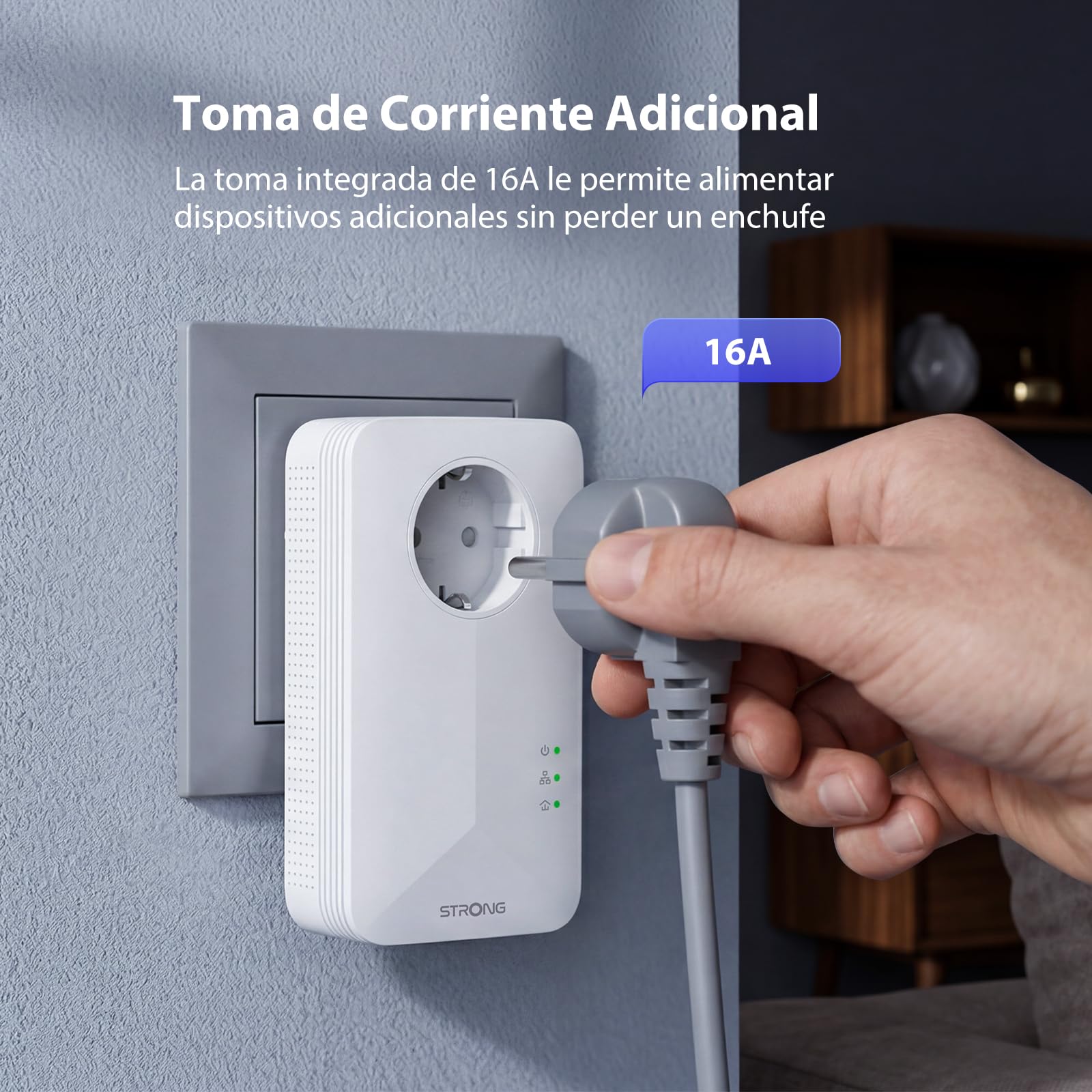 STRONG AV1000 Adaptador Powerline WiFi con Enchufe, PLC HomePlug AV2 Type F, WiFi 1200 Mbit/s en 2.4GHz/5GHz, Plug & Play, Modo de Ahorro de Energía, Puertos Gigabit (POWERL1000WFDUOEUV2)