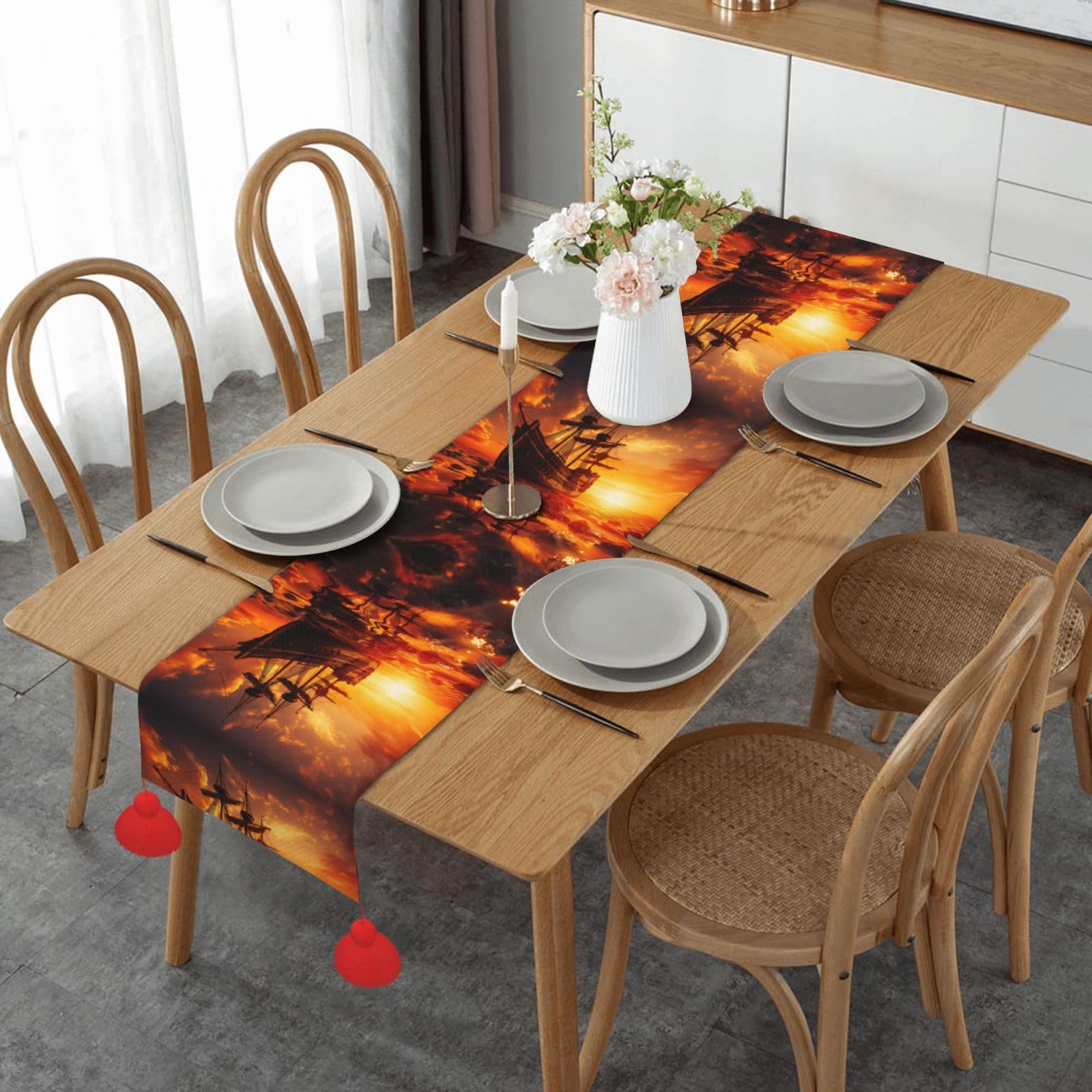 Chemin de table vieux voilier imprimé pour décoration de mariage rustique