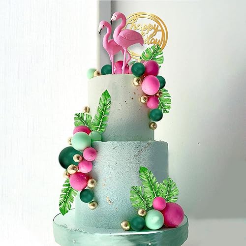 Miniatura 8 de Decoración para tartas de flamenco, decoración para tartas de verano, flores de piña e hibisco, hojas de palmera, decoración para tartas para playa