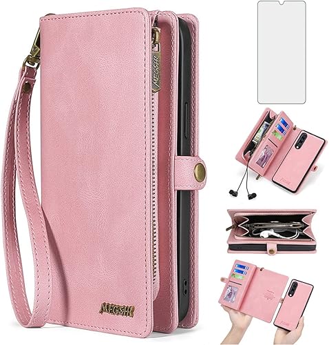 Asuwish Funda de teléfono para Samsung Galaxy A70 con cremallera, funda desmontable con protector de pantalla de vidrio templado y ranura para