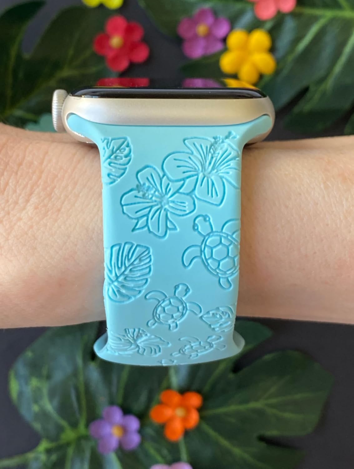 Engraved Turtle Watch Band Compatible with Apple Watch Bands 38mm 40mm 41mm 42mm 44mm 45mm 46mm Silicone Replacement for iWatch Series 10 9 8 7 6 5 4 3 2 1 SE, Hibiscus Turtle image 3