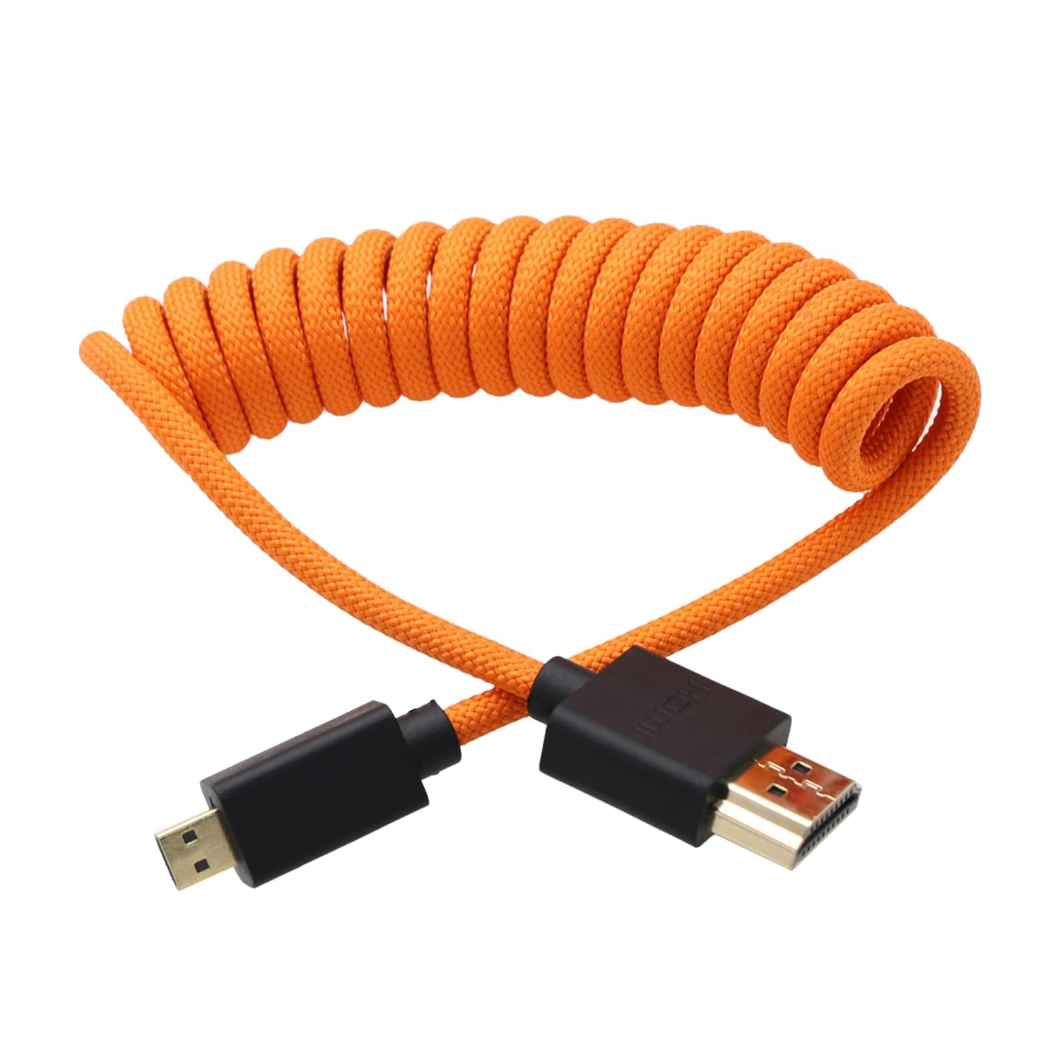 Left Angle Micro HDMI to HDMI 8K 4K 60p Coiled Cable for Ninja V Monitor, Sony A7C R, Canon R6 mkII, XT30II, Lumix S9 Camera, Type A to Type D, Black Braided