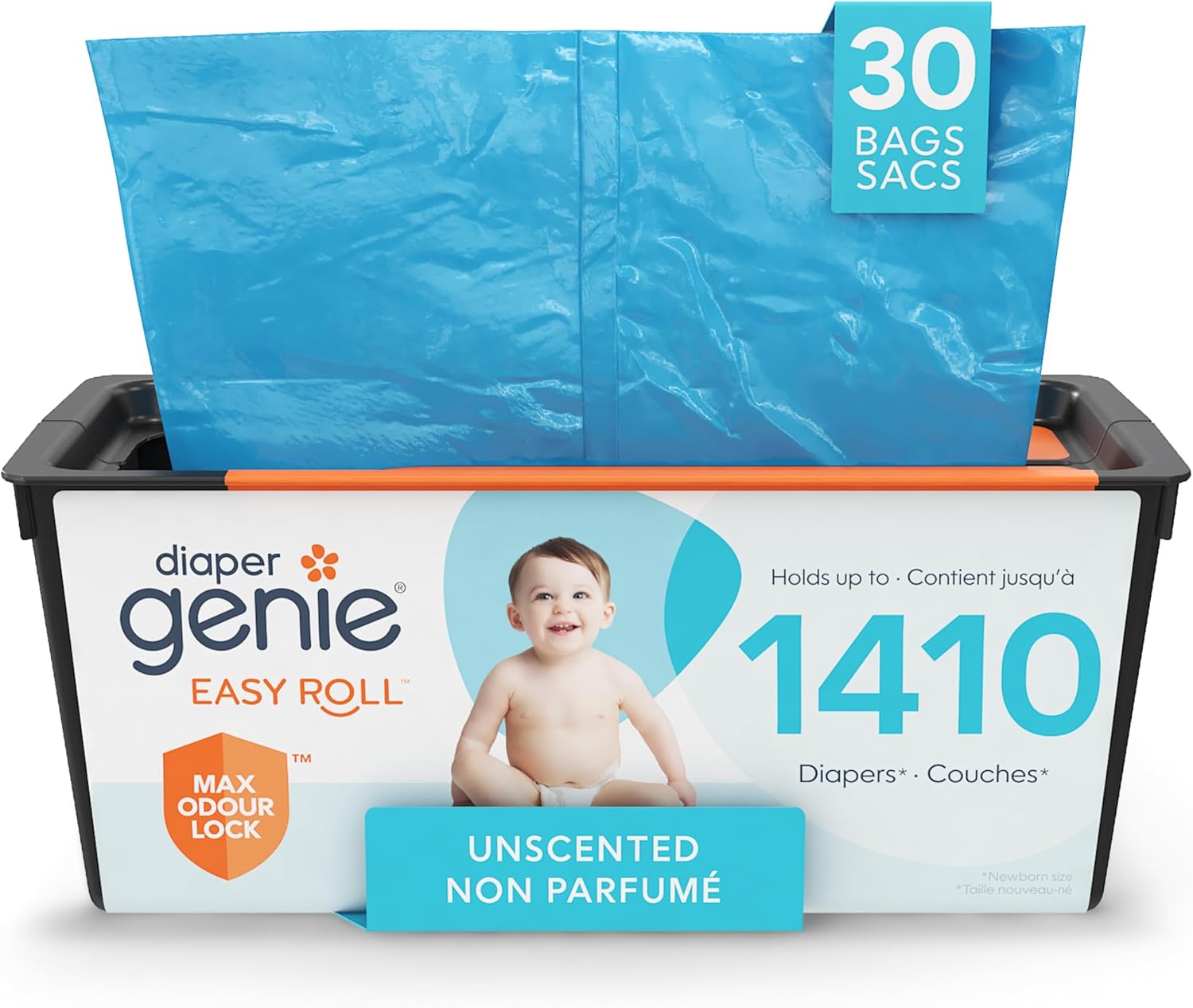 Diaper Genie Easy Roll Refill with 30 Bags - Refill for Diaper Genie Signature, Platinum, Essence Pails - Holds up to 1,410 Newborn Diapers, Blue, 1-Pack