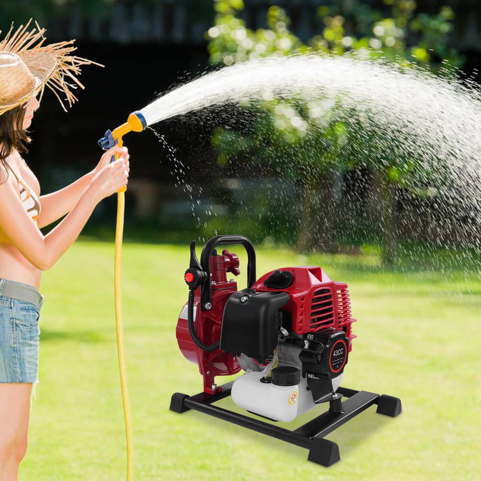 Bomba de agua portátil de 43 cc 1,25 kW – 10 m³/h de potencia de extracción, 8 m de altura de aspiración, 30 m de altura máxima, 1 pulgada de entrada/salida