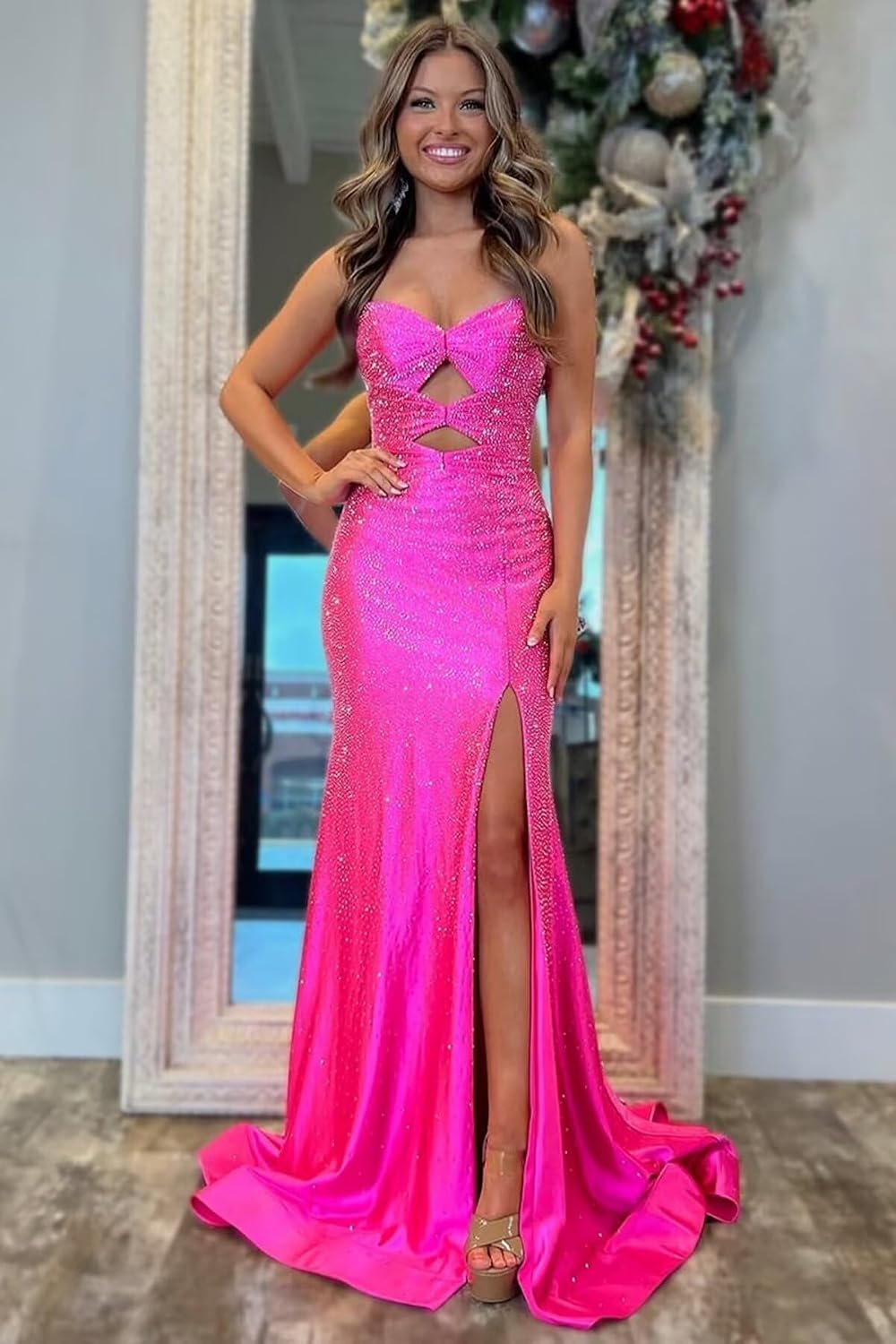 Prom Dresses Long for Women with Slit Sparkly Cut-Out Strapless Mermaid Party Evening Dresses Corset