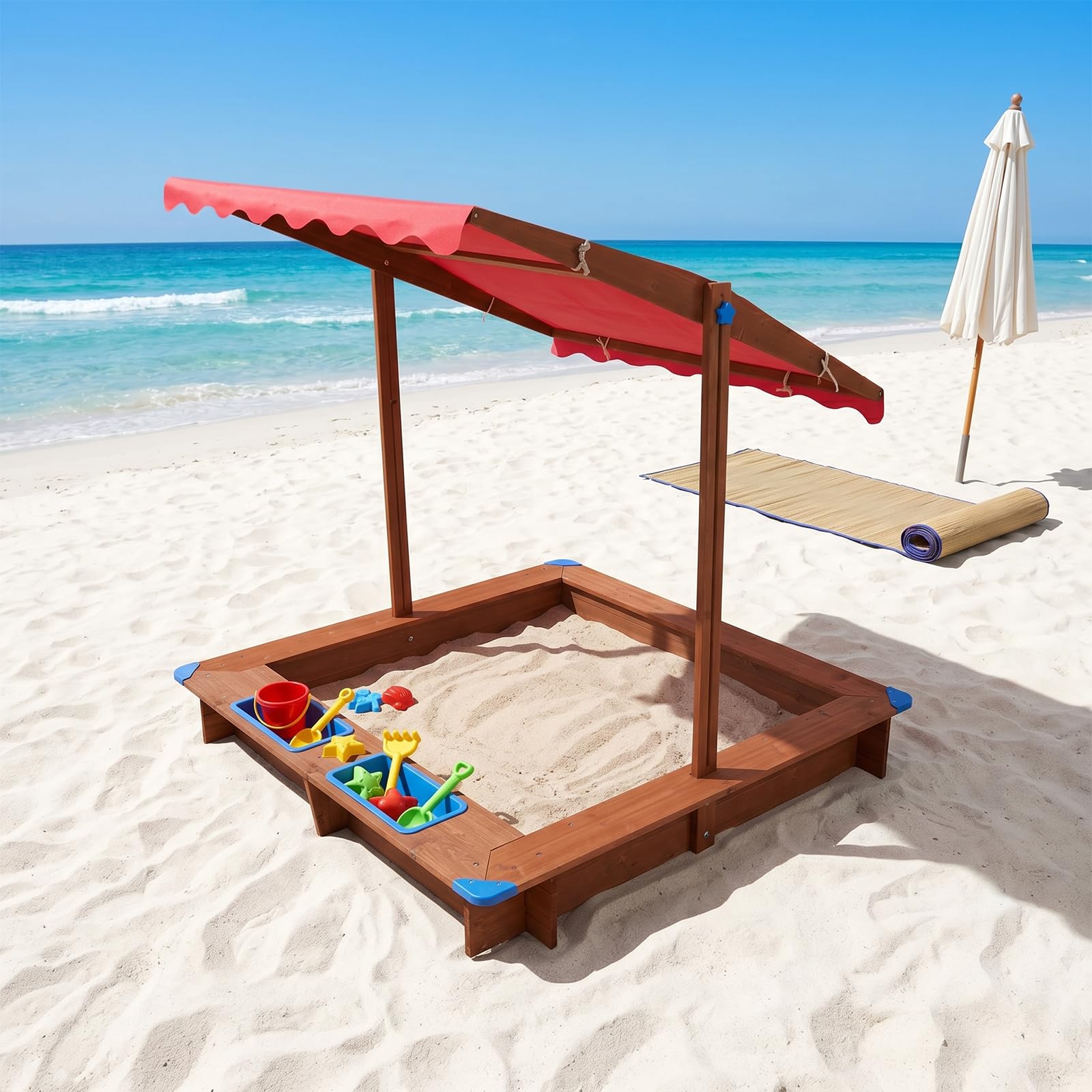 Sandkasten aus Massivholz,Tragfähigkeit Etwa 100kg,3-14 Jahre alt,Rot | Holzsandkasten Mit Abdeckung,126*121*118cm,für Hinterhöfe, Gärten, Terrassen, Strände oder Spielplätze im Freien