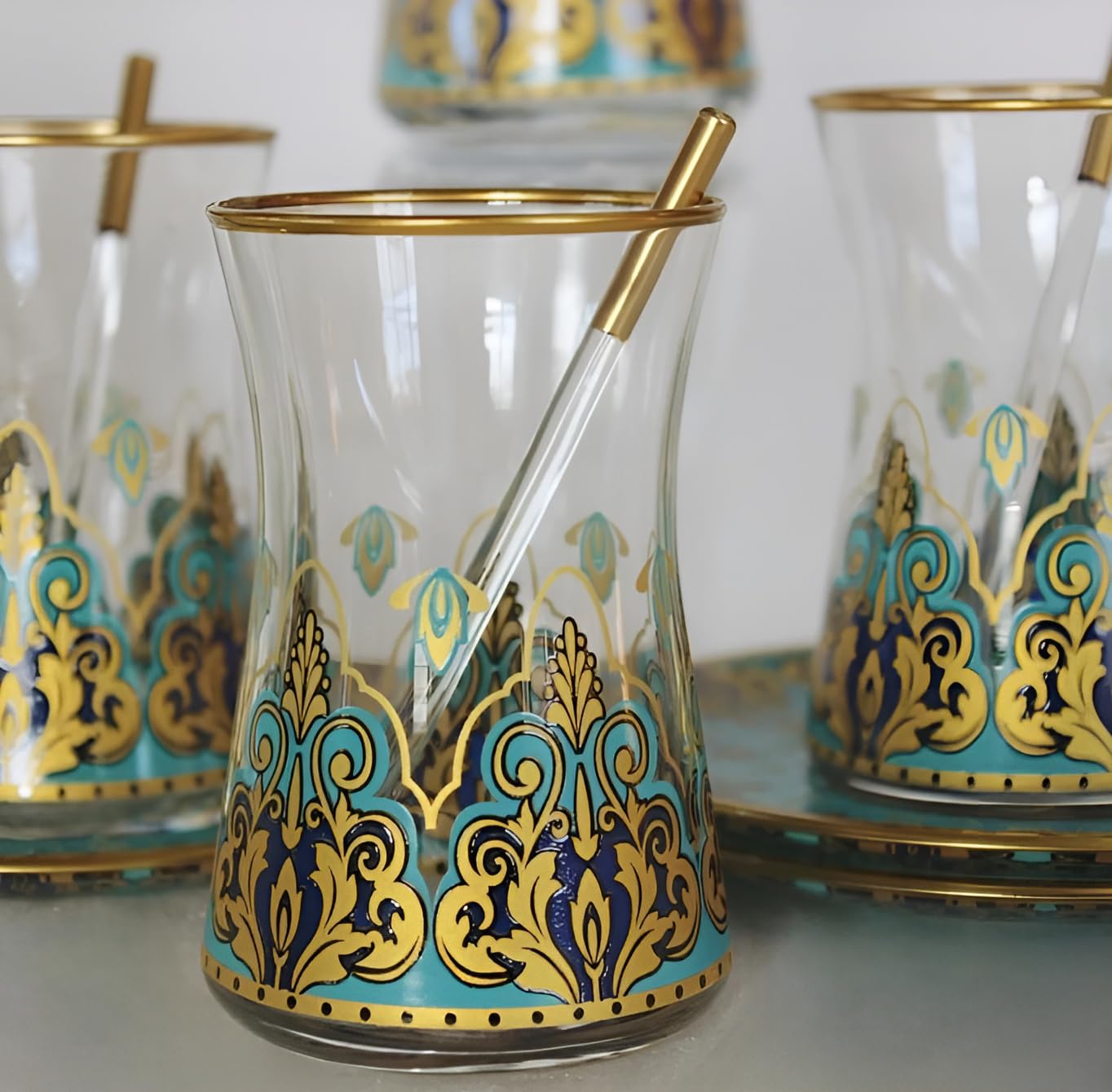 Vasos de té turco hechos a mano con platillos, tazas de té turco antiguas, juego de 6 vasos de té vintage, vasos de té árabe, vasos elegantes árabes para fiestas de mujeres, vidrio persa y
