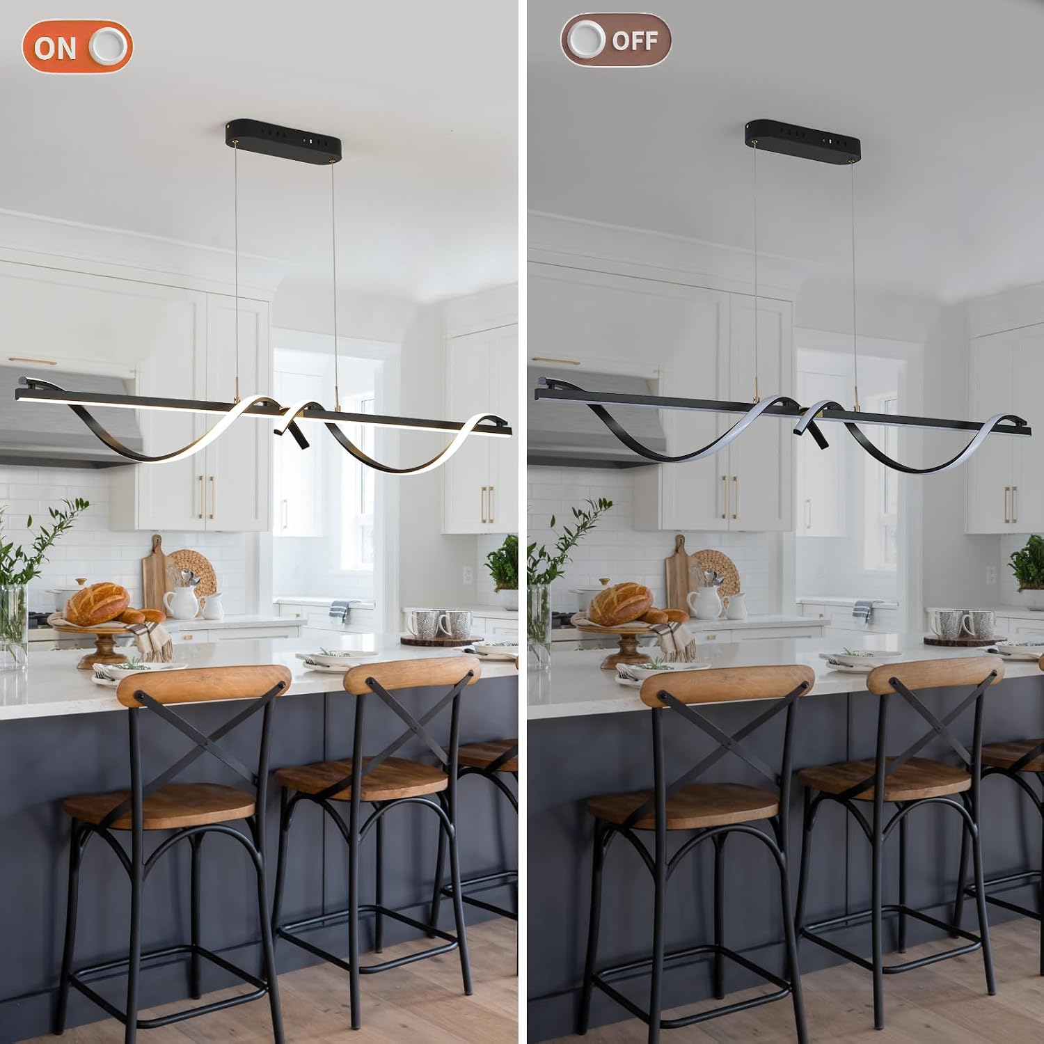52 Inch Black Linear LED Chandelier for Large Kitchen Island, Dimmable Remote Control Pendant Light with Adjustable Height, Modern Hanging Lamp for Dining Room Table.Black