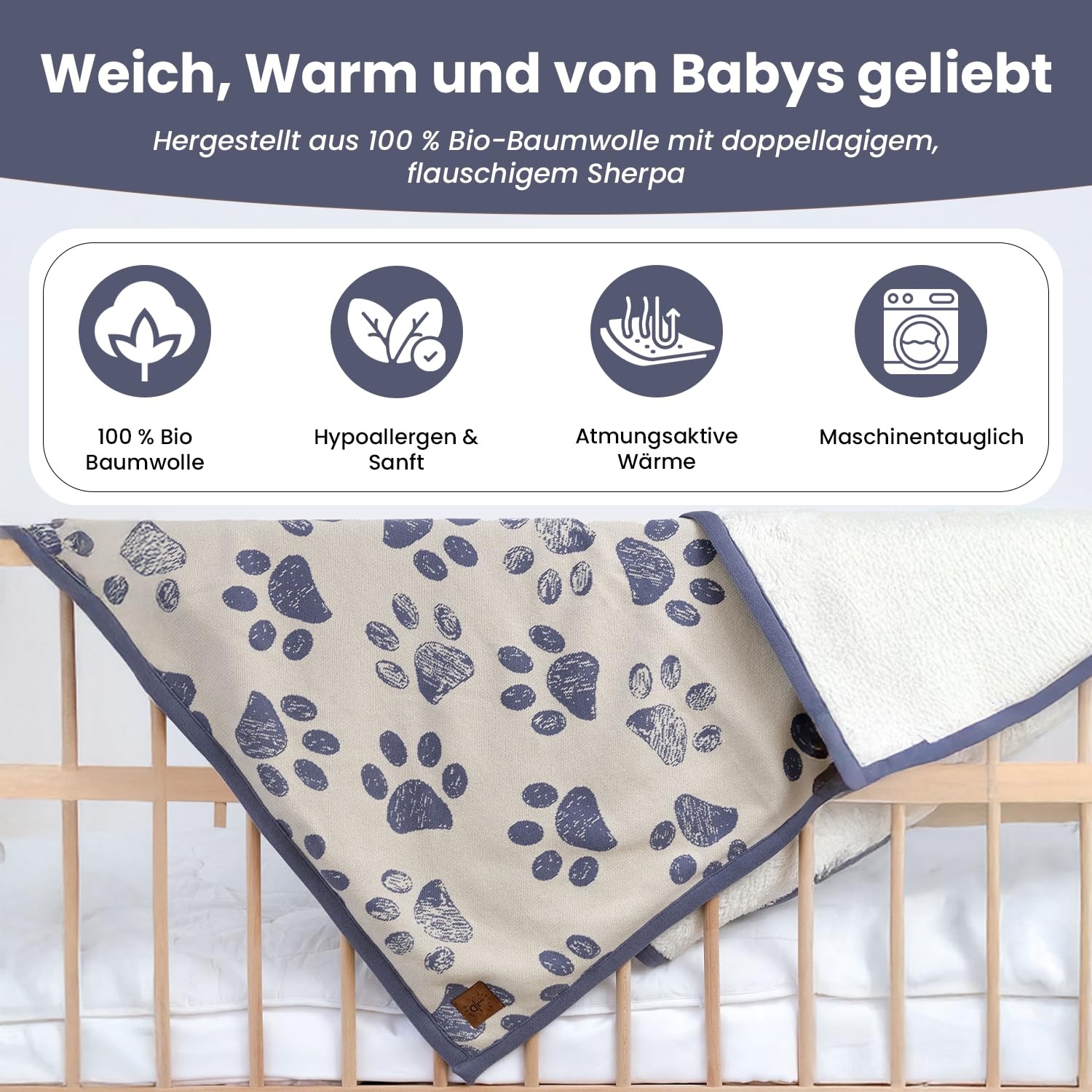 Babydecke & Haustierdecke Winter Decke – 100% GOTS-zertifizierte Bio-Baumwolle, Strickdesign, 75x95 cm, Weich & Atmungsaktiv, Ideal für Neugeborene & Kleinkinder,Maschinenwaschbar -Natur/Schieferblau