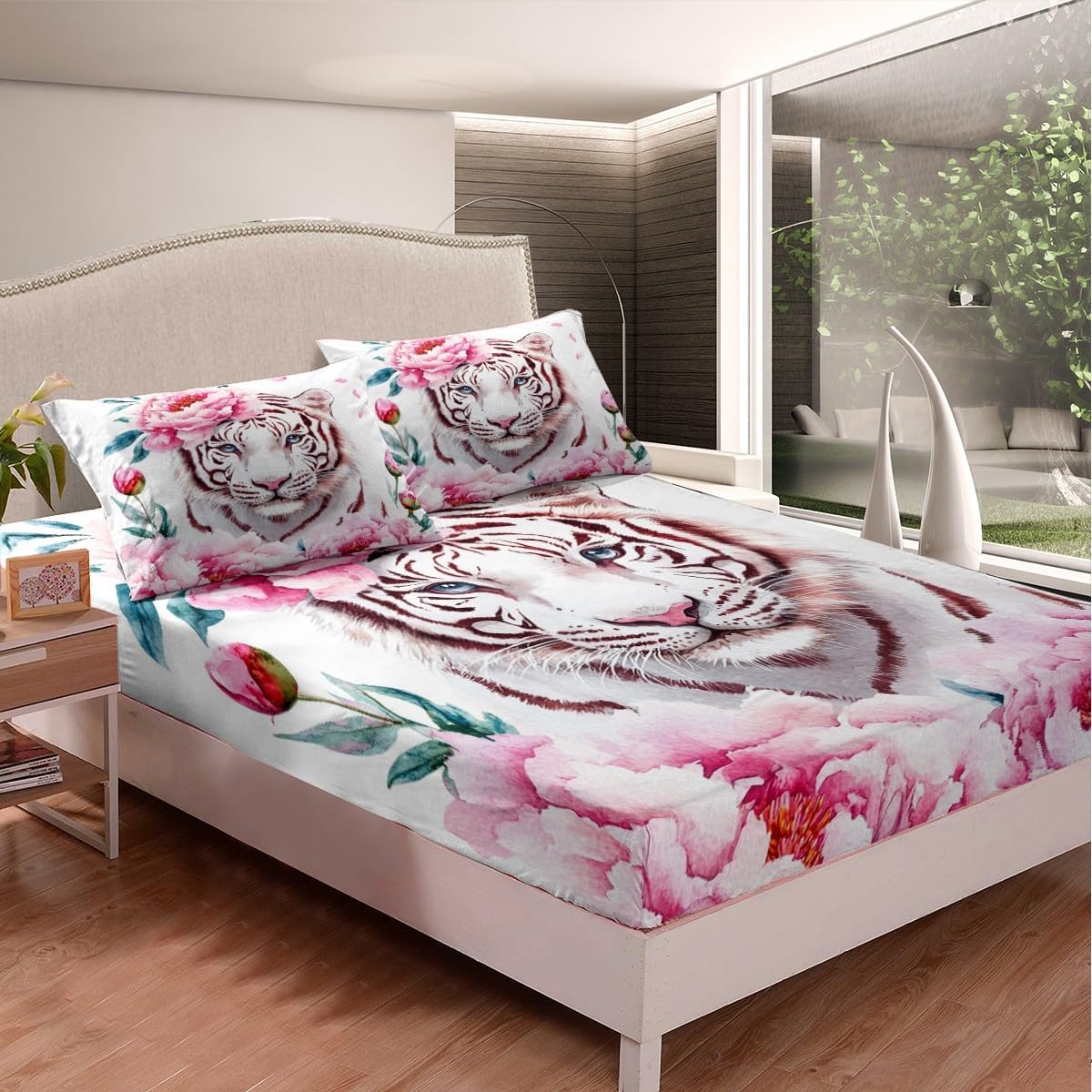 Floral Tiger Bedding Set White Tiger Fitted Sheet, Twin Size Brown Stripes Tiger Bed Sheets for Girls Lady Women, African Safari Animal Print Sheets Pink Bedroom Decor,1 Fitted Sheet 1 Pillowcase