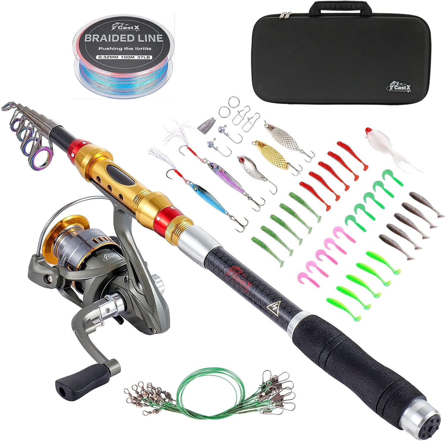 CastX Professional Telescopic Fishing Rod and Reel Combo, Carbon Fiber with EVA Grip, Spinning Reel, Carrying Case, Saltwater Freshwater Fishing Kit with Tackle