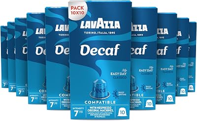Lavazza, Espresso Decaffeinato, 100 Capsule di Caffè in Alluminio Compatibili con Macchine Nespresso Original, Note di Frutta Secca e Cioccolato, Arabica e Robusta, Intensità 7/13, Tostatura Media