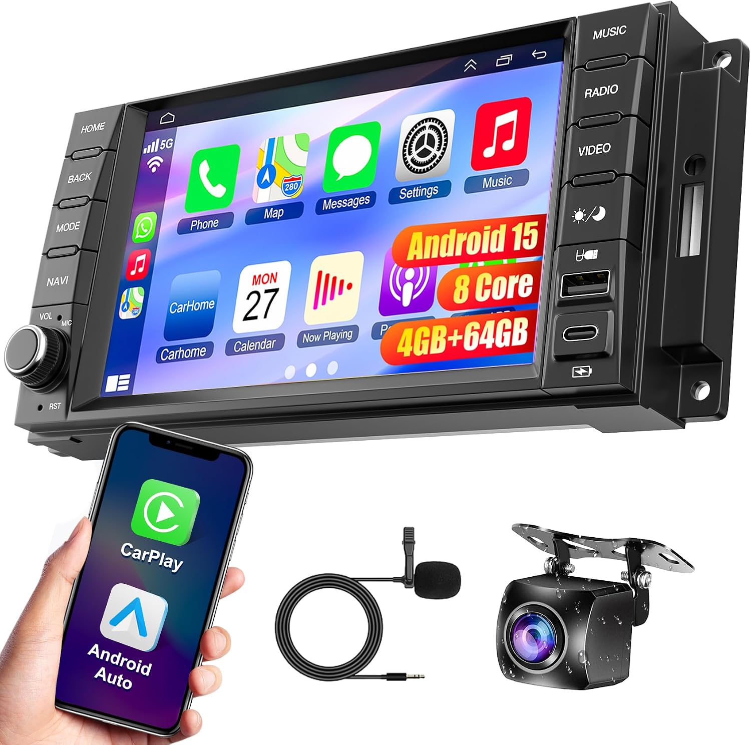 Car Radio Stereo for Jeep Wrangler JK 2007-2018,for Dodge Grand Caravan 2008-2020, for Chrysler Town & Country 2008-2016, Android 15.0 (4G RAM 64G ROM) with Wireless Carplay& Android Auto