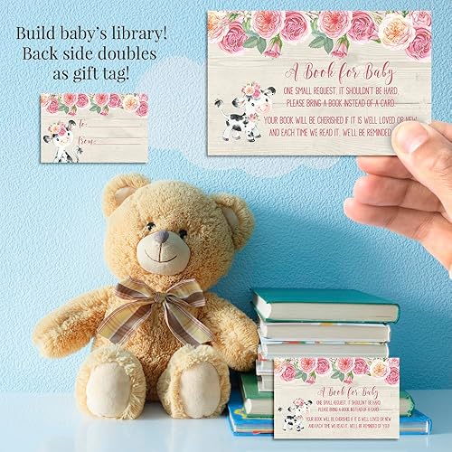 Miniatura 3 de Amanda Creation Tarjetas de vaca floral rosa acuarela "Bring a Book" para baby showers, 20 tarjetas de inserción de doble cara de 2.5 x 4 pulgadas,