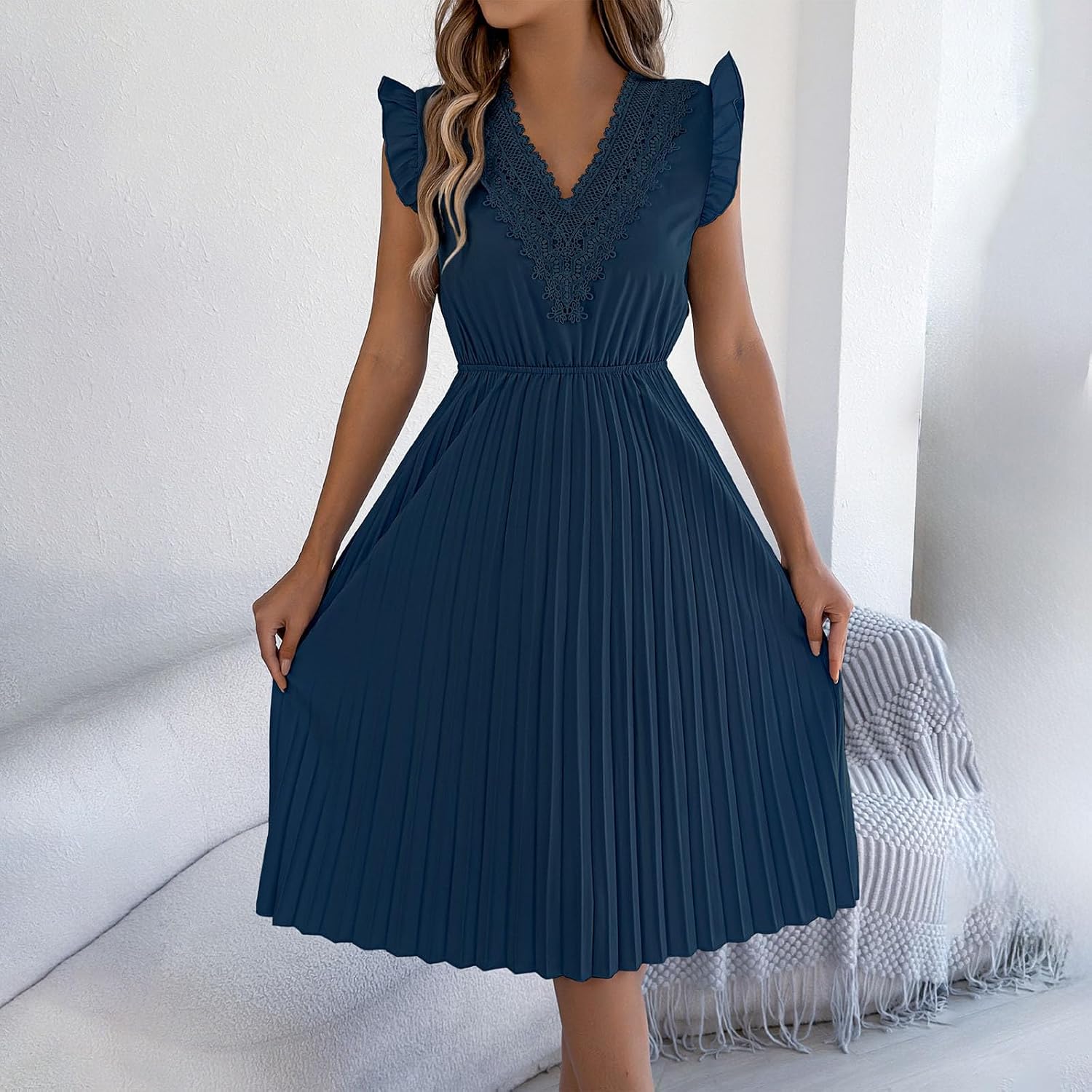 Summer Dresses for Women Casual Pleated Ruched Ruffle Sleeveless V Neck Evening Cocktail Party Tshirt Midi Dress