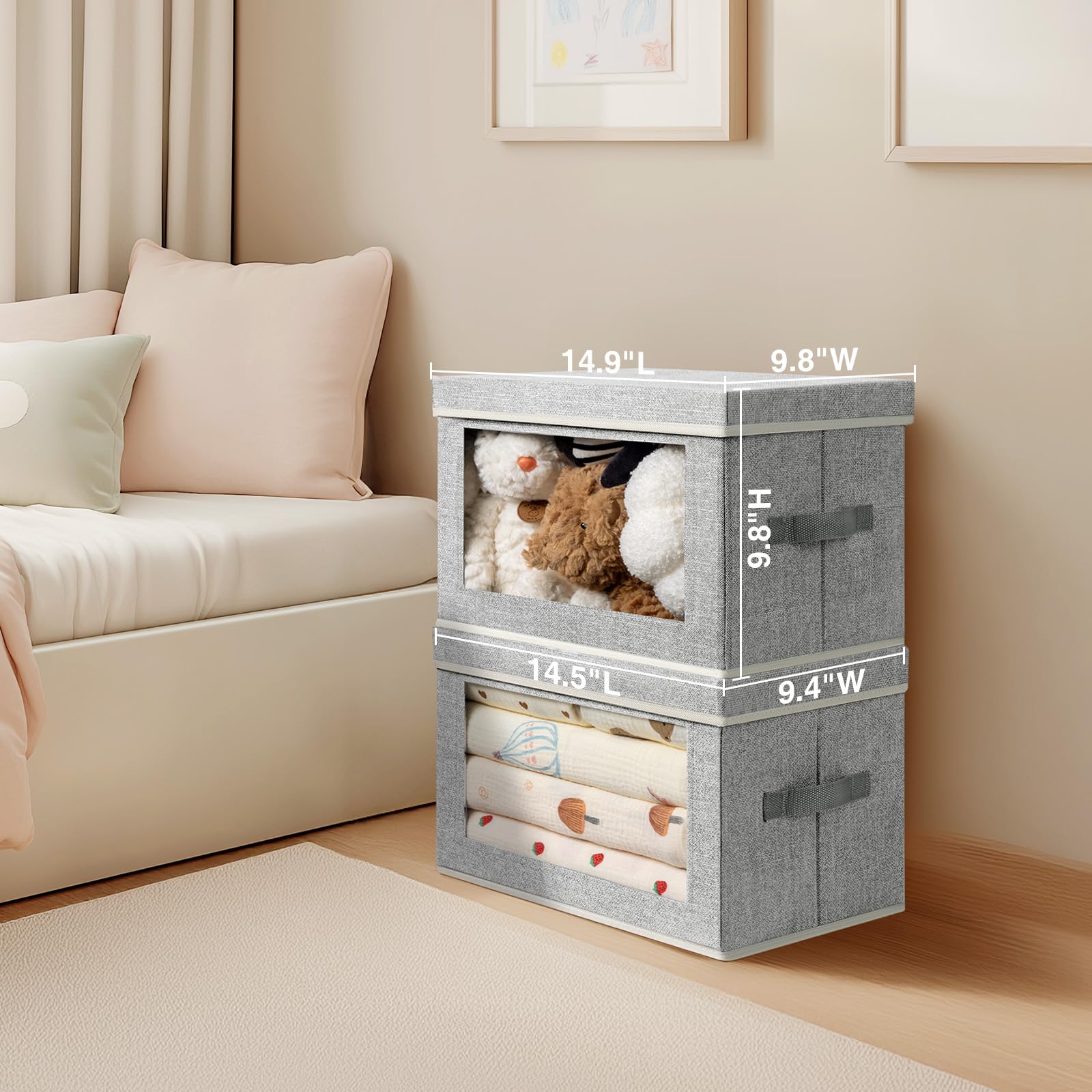 Homsorout Lot de 4 bacs de rangement pliables avec couvercle – Organisateur de placard avec fenêtre, bacs de rangement avec couvercles pour vêtements, paniers de rangement en tissu pour étagères,