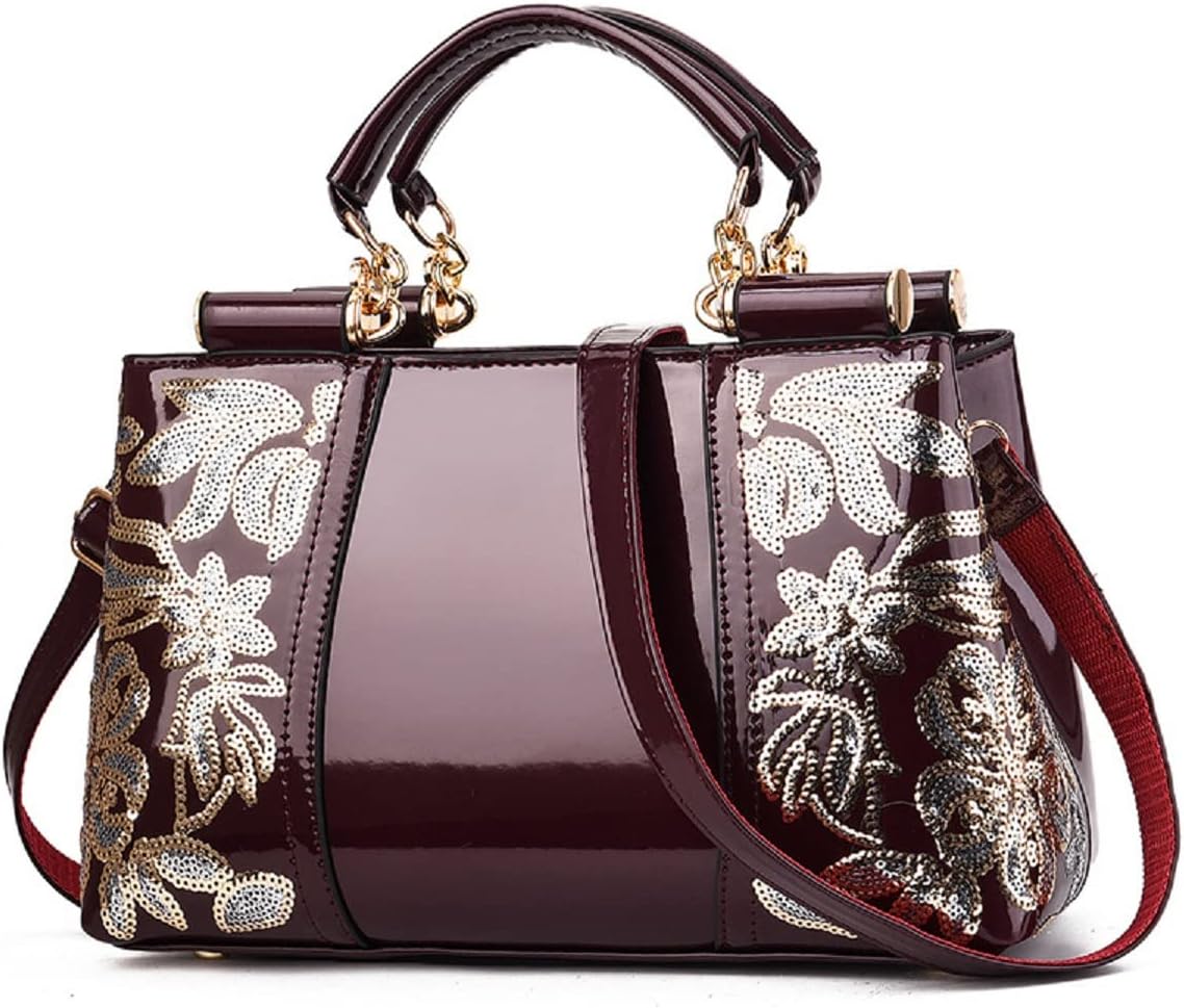 XingChen Shiny Patent Women PU Leather Handbags Embroidery Shoulder Bags Fashion Satchel Purses Top Handle Bags