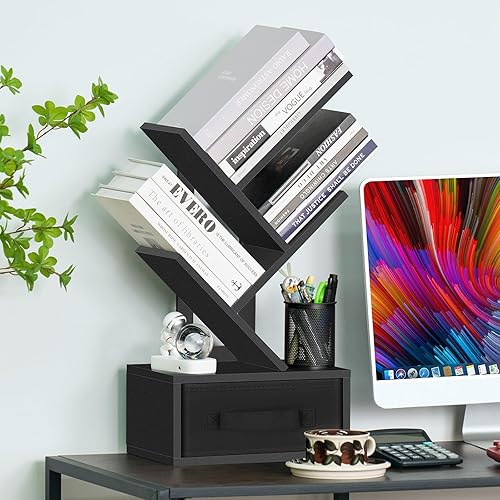 Miniatura 5 de Estante pequeño para libros con cajón, estantería de árbol negro de 4 niveles, estantería de escritorio de madera, estantería de almacenamiento de