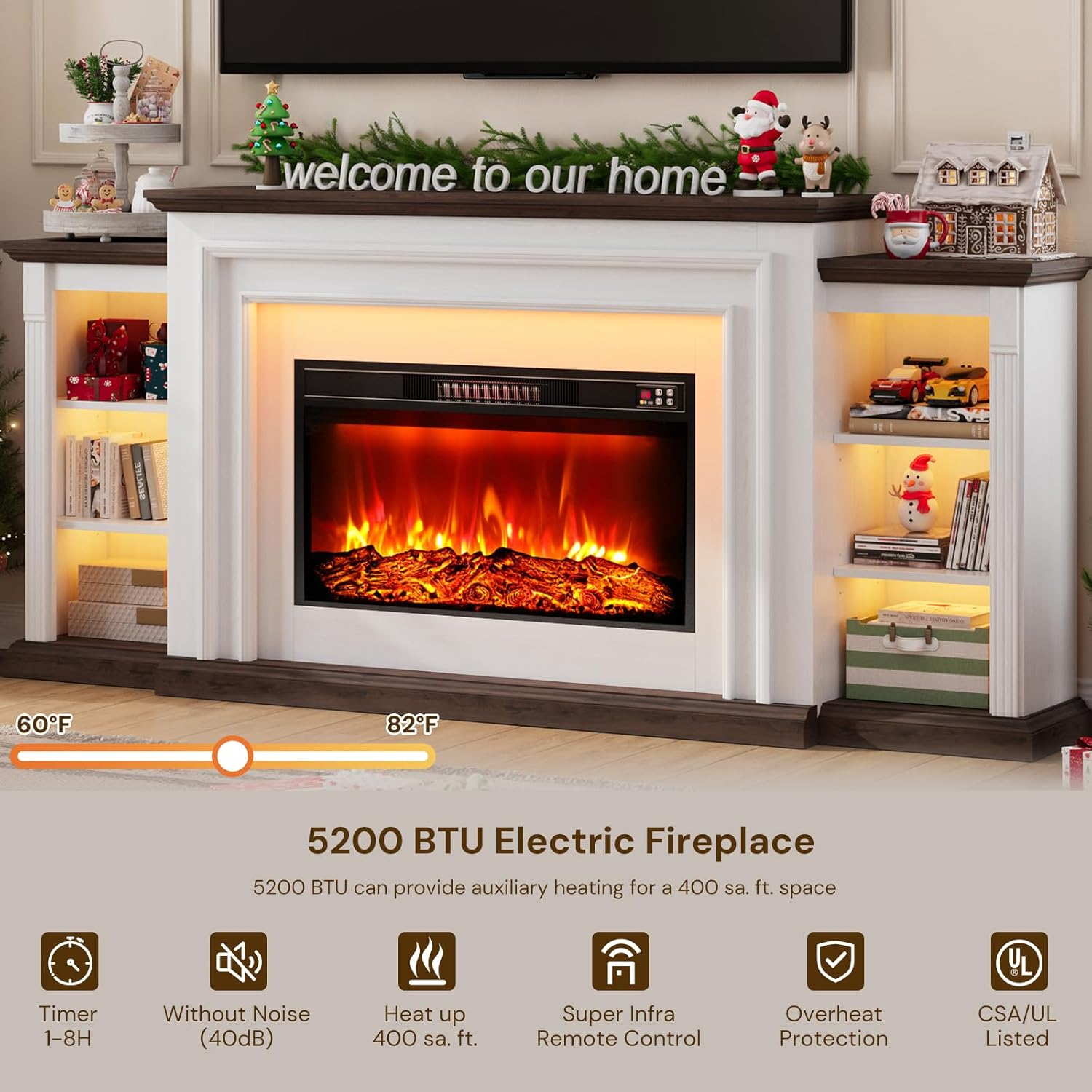 80" LED Electric Fireplace with Mantel, Fireplace TV Stands for 90 Inch TV, Modern Entertainment Center with Storage, Delicate Three-Dimensional Molding with Remote Control for Living Room
