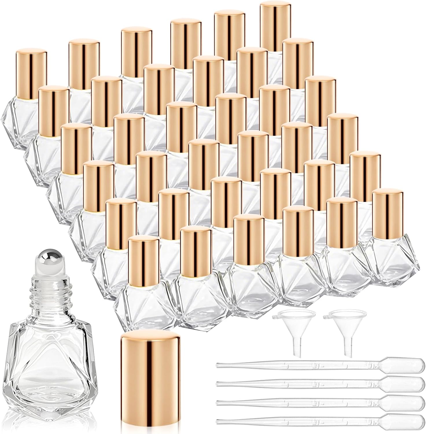 ELFULLY 36 Pack 8ml Glass Essential Oil Roller Bottles - Stainless Steel Roller Ball, Polygonal Design, Dropper & Funnel for Travel Aromatherapy