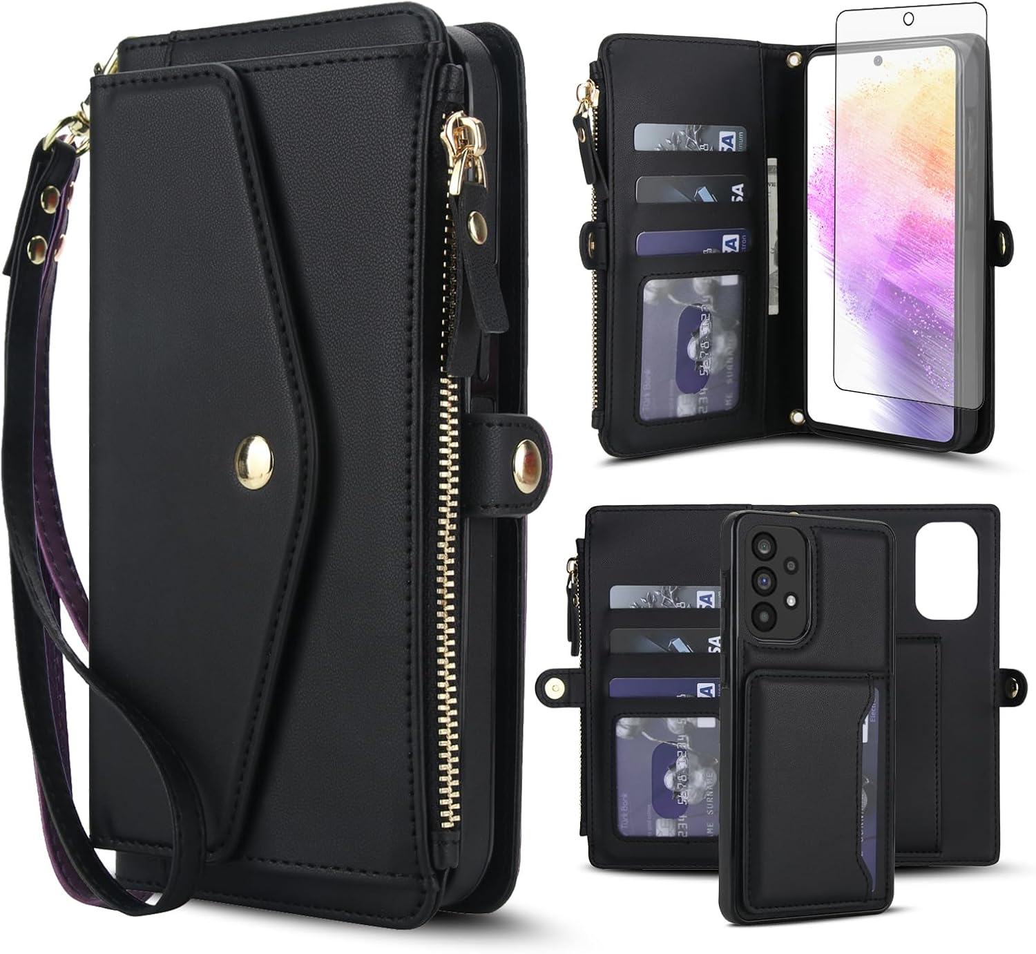 Phone Case for Samsung Galaxy A52/A52S 5G Wallet Cover Compatible with Magsafe RFID Screen Protector Crossbody Lanyard Strap Flip Card Holder Slot Zipper Cell A 52 S 4G G5 52A S52 52S Black