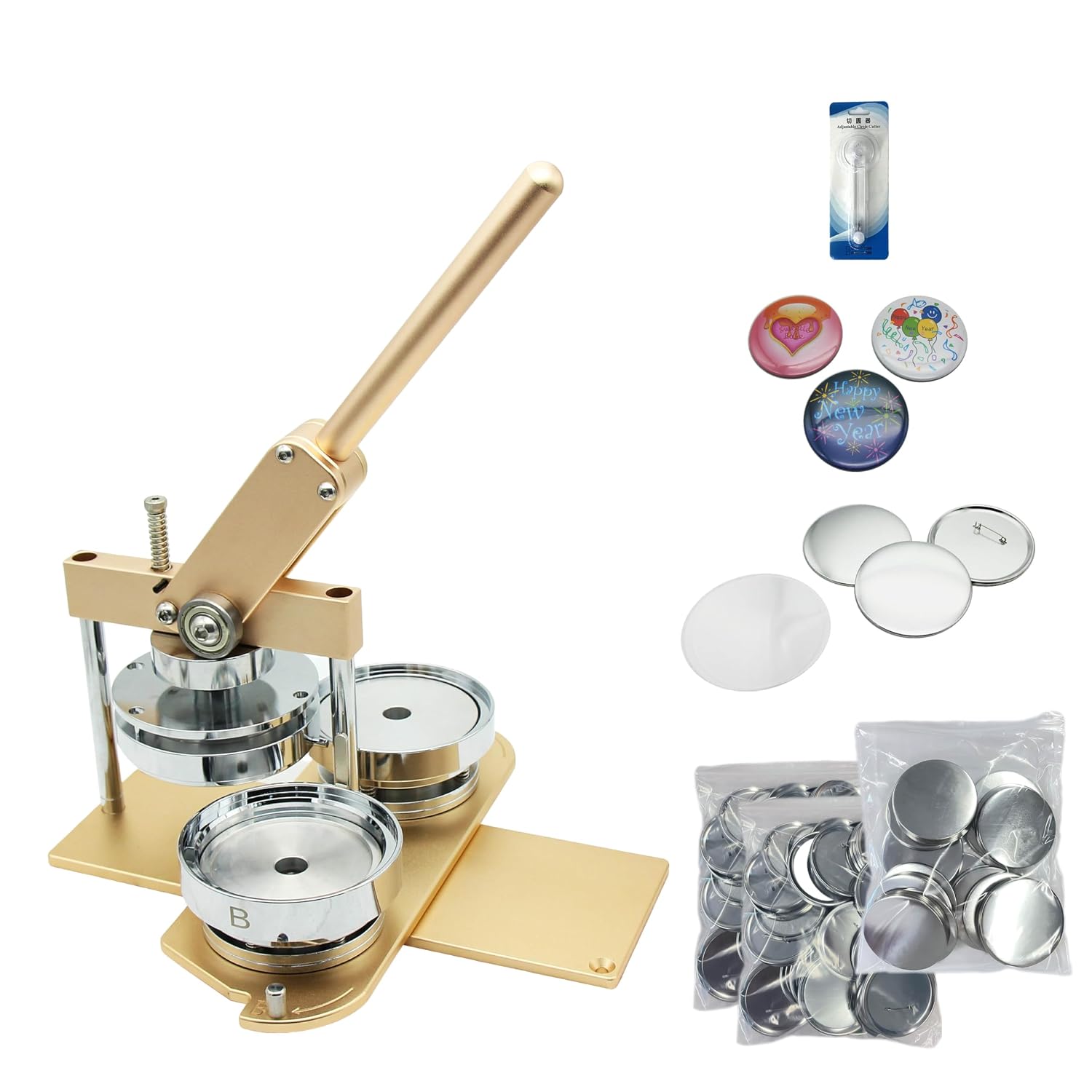 ChiButtons (KIT) 100mm(4“) Pro Badge Machine Button Maker-B400 + Mould + 100 Parts + Circle Cutter Metric System (Gold)