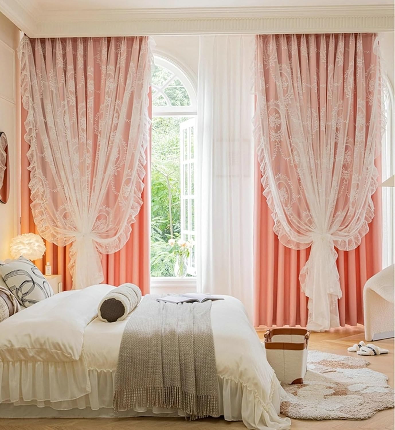 Blackout Curtain 2 Panels Set 58 inch Long, Thermal Blackout Curtains Hook Double Layer Solid Color Embroidered Flowers with Ruffles Window Treatment Curtain Pink, 42 x 58 Inch