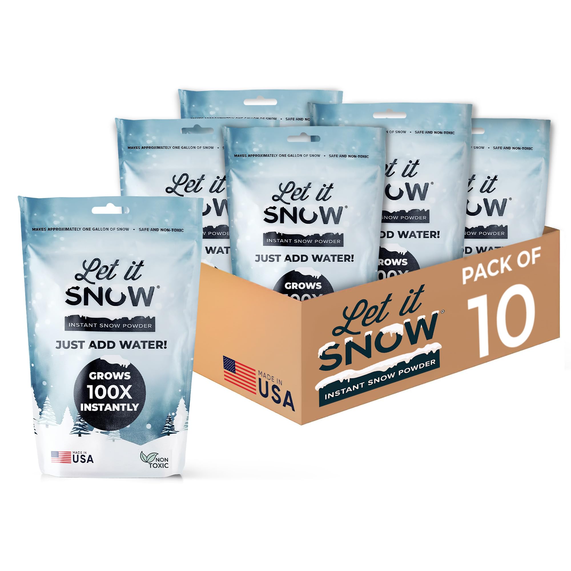 Let it Snow Instant Fake Snow Powder – Made in The USA, Perfect for Kids, Holiday Decorations, Sensory Play, and Slime – 10 Pack, Makes 10 Gallons Snow,30g each