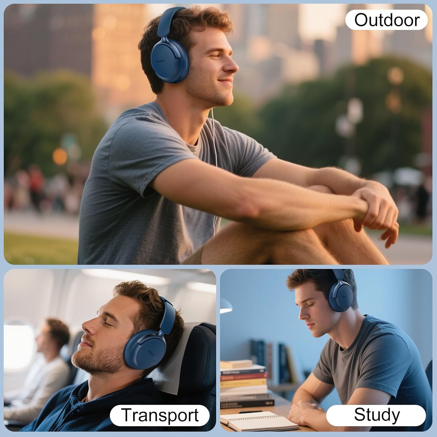 RORSOU B8 Bluetooth Headphones Over Ear, 6 EQ Music Modes and 50H Playtime Deep Bass Wireless Headphones with Mic, Lightweight Folding HiFi Stereo Headset for iPad/Travel/Tablet/PC/Home Blue - Image 8