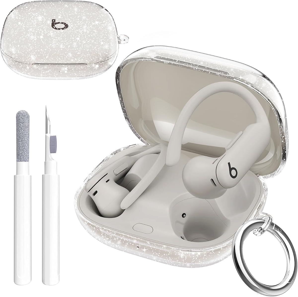 Aircawin para Beats Powerbeats Pro 2 Funda con purpurina transparente, lindo brillo brillante | Funda de TPU suave a prueba de golpes para Beats Powerbeats Pro 2, funda para auriculares 2025 con mosquetón y bolígrafo de limpieza, mujeres y niñas, purpurina