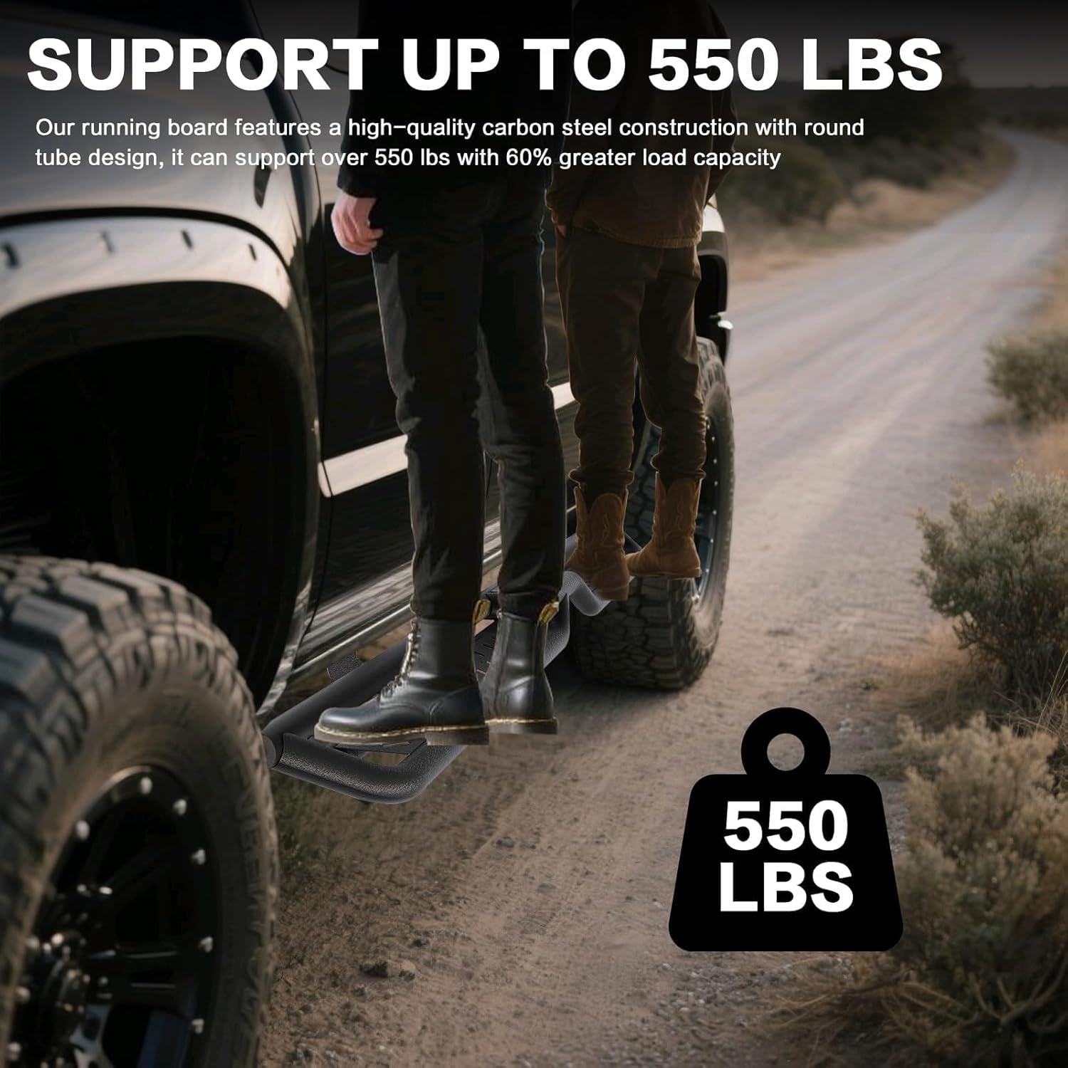 Two people standing on Perfit Liner Running Boards, illustrating 550 lbs weight capacity
