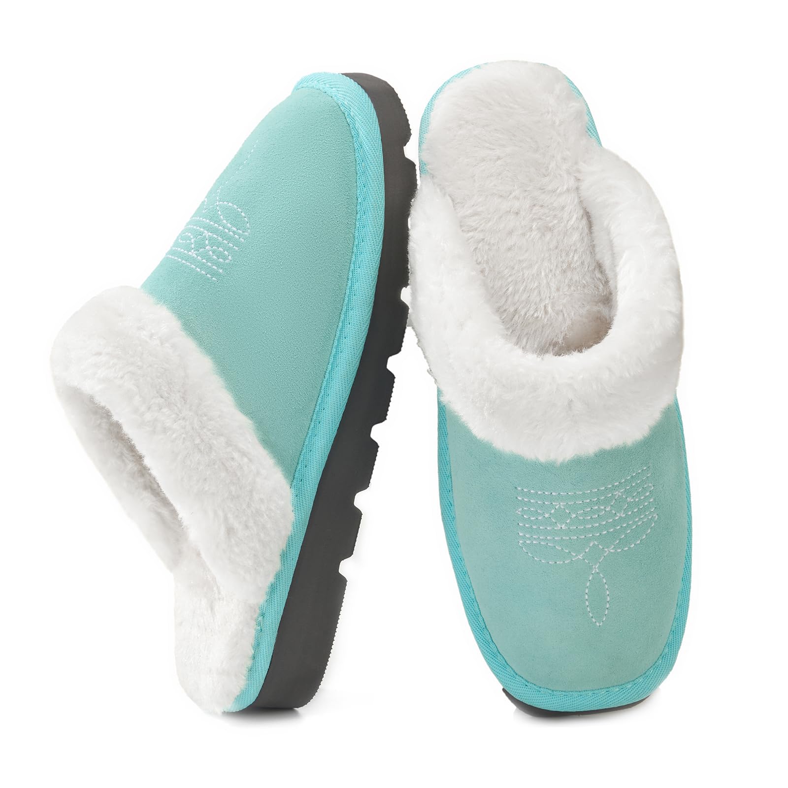 YOLIS Western Cowboy Boot Slippers, Fuzzy House Slippers for Women Memory Foam, Square Toe Cowgirl Slippers Suede Leather for Bedroom Indoor Outdoor