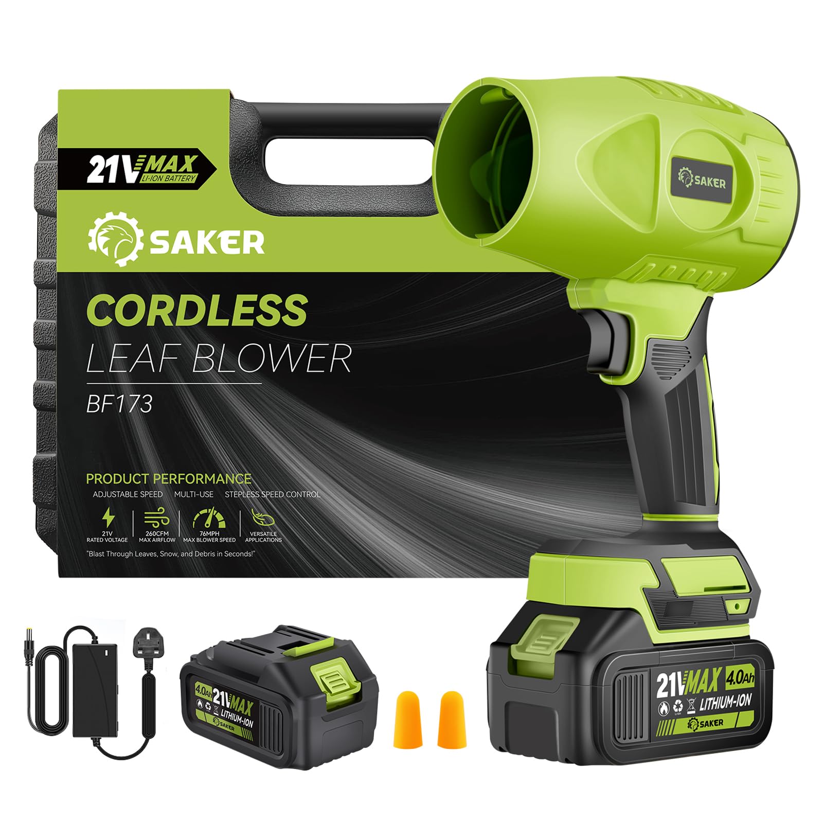 Saker Cordless Leaf Blower Portable Dust Cleaner Handheld Blower 180000 RPM with Adjustable Speed for Lawn Care and Dust Patio Cleaning 2 Batteries Green with Case