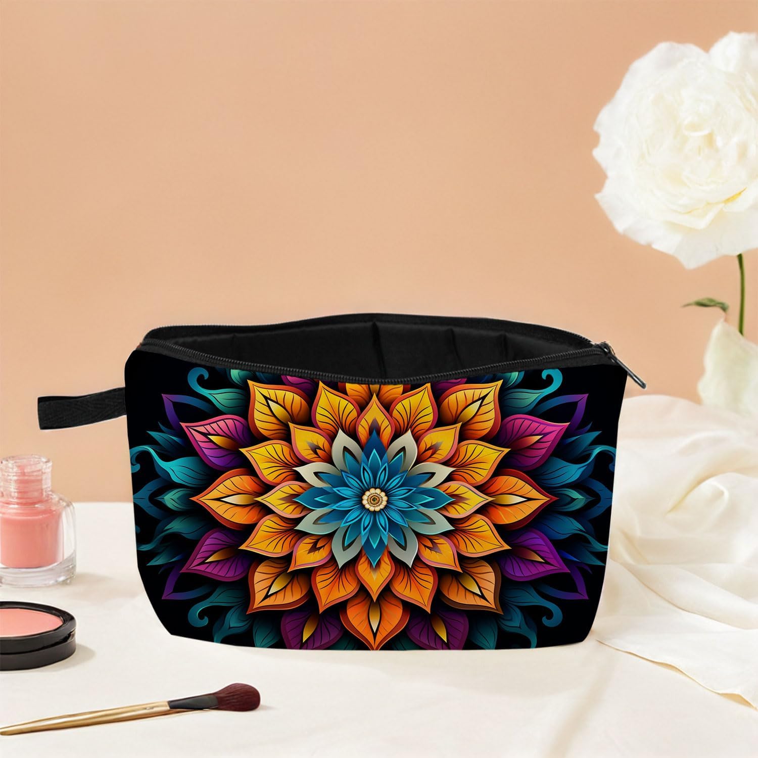 Mandala Printed Cosmetic Bag Vibrant Spiritual Design Makeup Organizer Yoga Retreat & Festival Travel Essential Unique Birthday/Meditation Gift Idea image 4