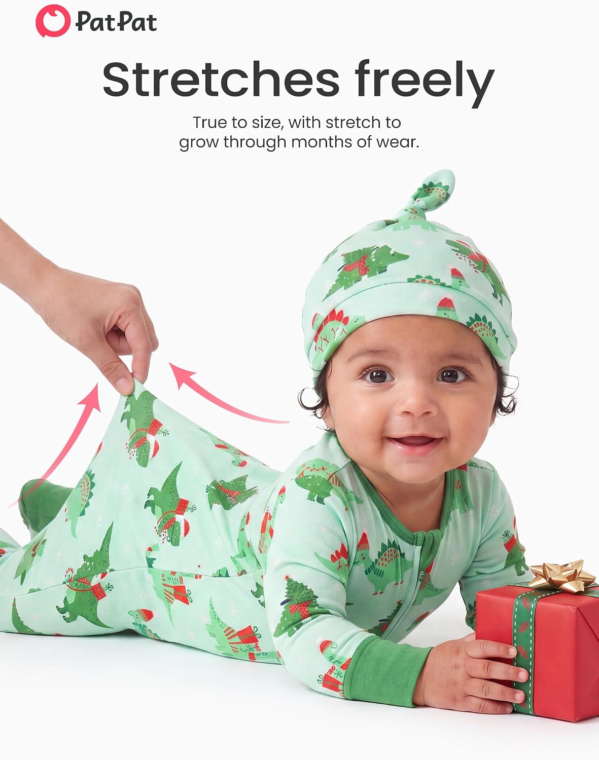 PATPAT Baby Boy Girl Infant Clothes Footie Pajama – Stretchy Feel – 2-Way Zipper, Fold-Over Mittens & Cuffs Dino Christmas 6-9 Months