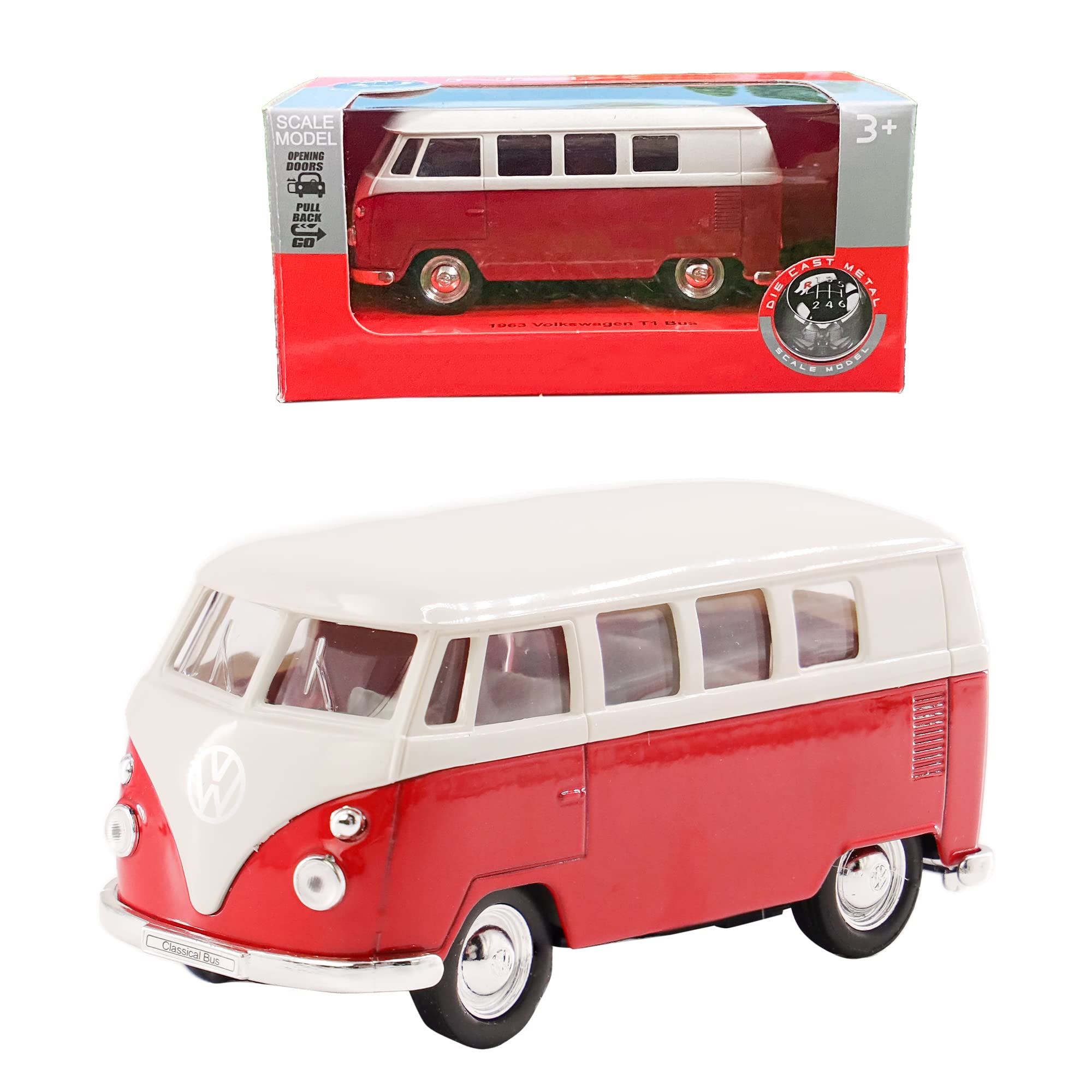 D.A.Y. Republic Officially Licensed 1963 Volkswagen T1 Bus, Diecast Vehicle, With Pull back Motion, Compatible with VW Volkswagen 1:38 Scale Diecast Cars Collection Range