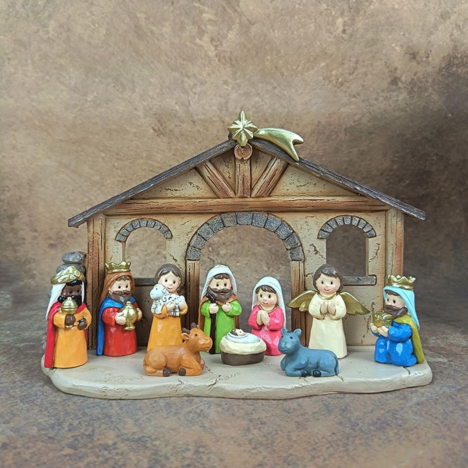 ordinarYone Classical Cartoon Nativity Manger Scene Set Resin Figures For Christmas Home Decors And Holiday Storytelling Ornaments
