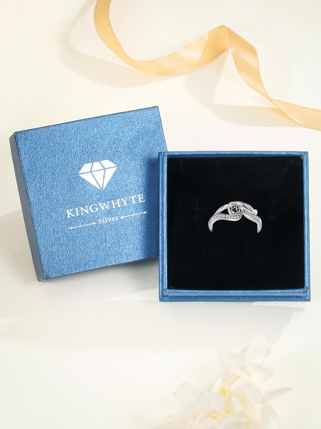 KINGWHYTE Paw Print Rings for Women 925 Sterling Silver Animal Cute Cat Dog Claw Paw Puppy Rings Heart Animal Memorial Pet Jewelry Gifts