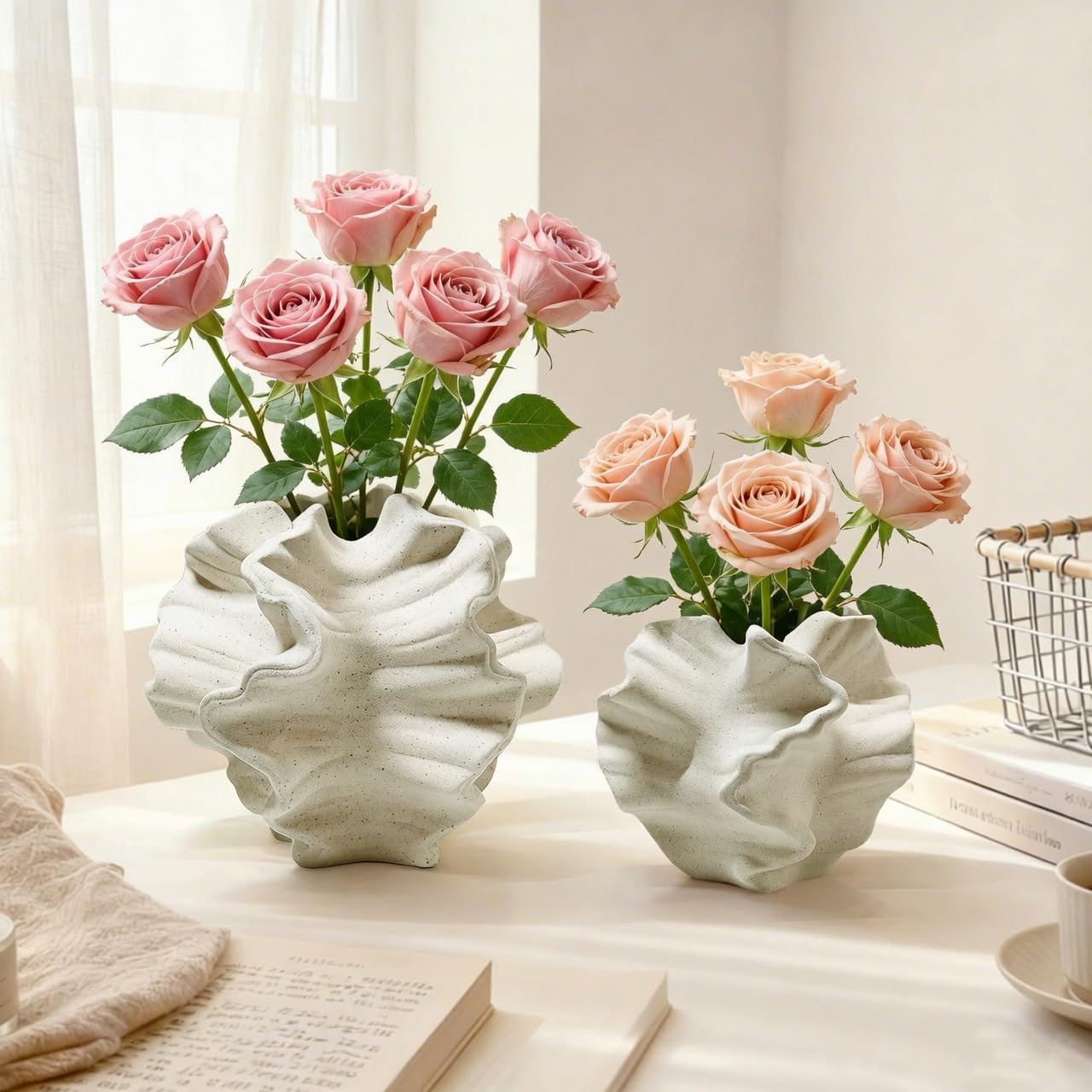 Ceramic Vase, Set of 2 White Vases for Home Decoration, Flower Vase Minimalist Nordic Boho Style for Modern Farmhouse Decor, Living Room; Kitchen; Bedroom; Dining Table; Office;Coffee Table
