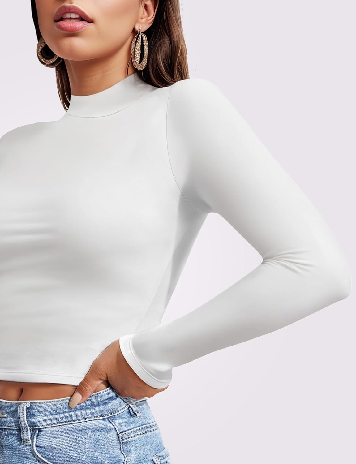 Womens Long Sleeve Crop Top Mock Turtleneck Sexy Slim Fitted Casual Base Layer Lightweight Soft Shirt Going Out Teen Sexy Top - Image 2