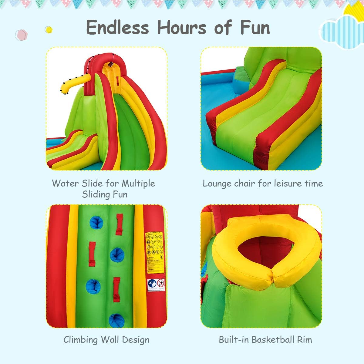GLACER Inflatable Bounce House w/ 2 Slides, 2 Climbing Walls, Splash Pool, Water Cannon, Basketball Rim, Including Carrying Bag, Repair Kit, Water Slides for Backyard Lawn Park (Without Air Blower)